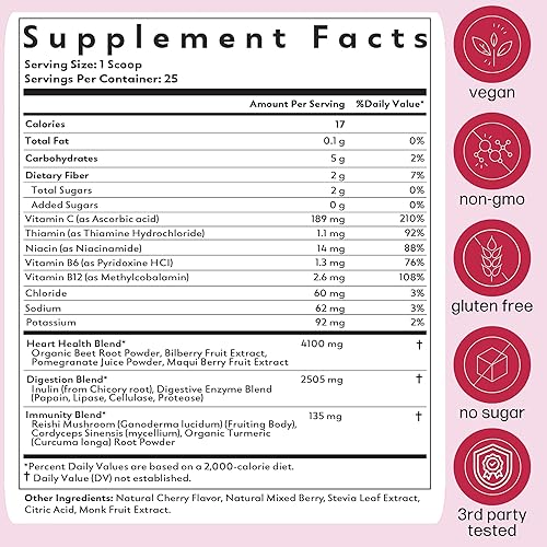 Miniatura 6 de Natrava Beets+ Mezcla de polvo de raíz de remolacha orgánica fortificada con vitaminas y prebióticos para energía saludable del corazón y producción