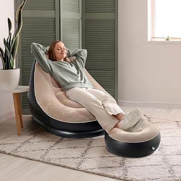 2 Piece Single Inflatable Air Sofa Chair & Footrest - Indoor Blow up Lounger Chairs for Adults & Children | For Vacation, Home & Camping - Gaming Chair, Movies & Reading - 95 x 85 x 80cm