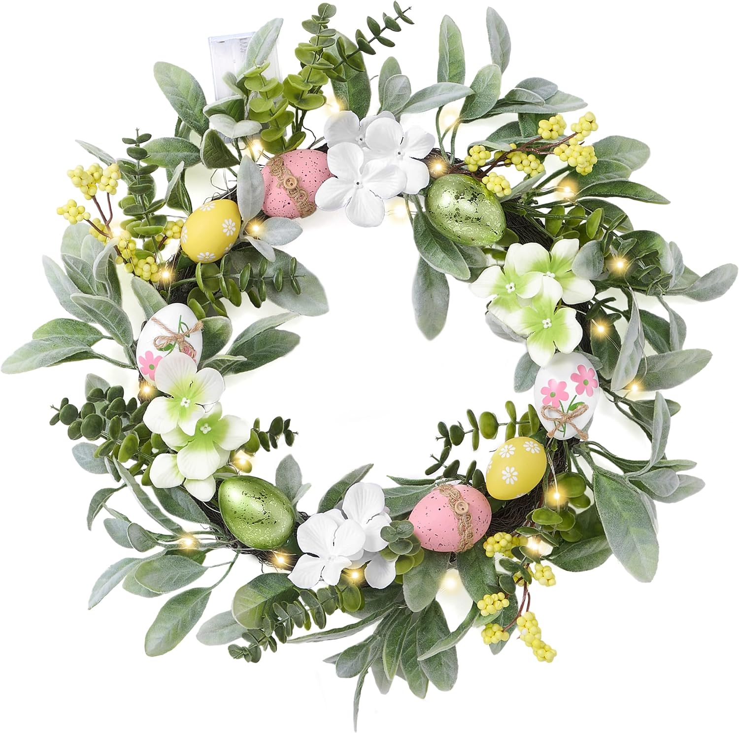 Valery Madelyn 24'' Collapsible Lighted Easter Wreaths for Front Door, Pre-lit Spring Door Wreath with Pastel Eggs, Daisy Flowers & Silk Lambs Ear Leaves, Farmhouse Indoor Outdoor Wall Window Decor