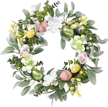 Valery Madelyn 18 Lighted Easter Wreaths for Front Door, Pre-lit Spring Door Wreath with Pastel Eggs, Daisy Flowers & Silk Lambs Ear Leaves, Artificial Farmhouse Indoor Outdoor Wall Window Decor