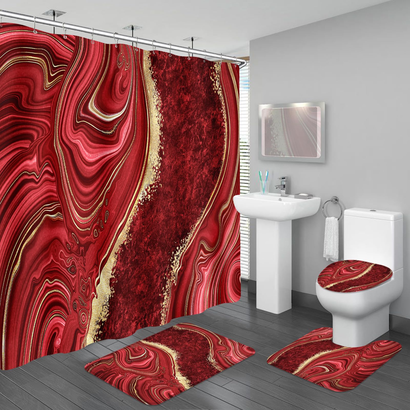 4PCS Red Gold Marble Shower Curtain Sets with Rugs, Modern Bathroom Set