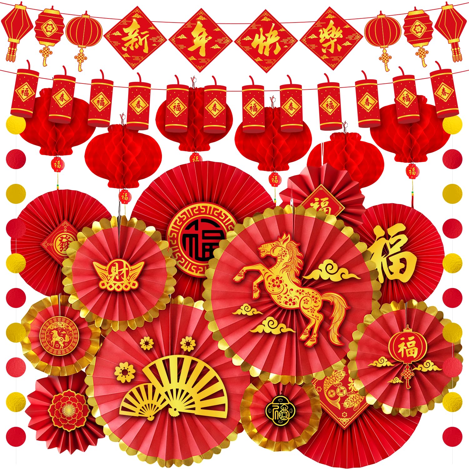 Chinese New Year Decorations 2026-42Pcs Red Lantern,Lucky Paper Fans, Happy New Year Banner Oriental Hanging Swirls for Year of the Horse 2026