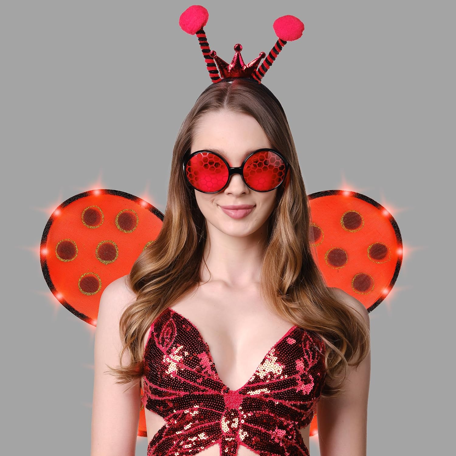Funcredible Light-Up Ladybug Wings, Antenna Headband & Glasses – Adult Insect Costume Accessories
