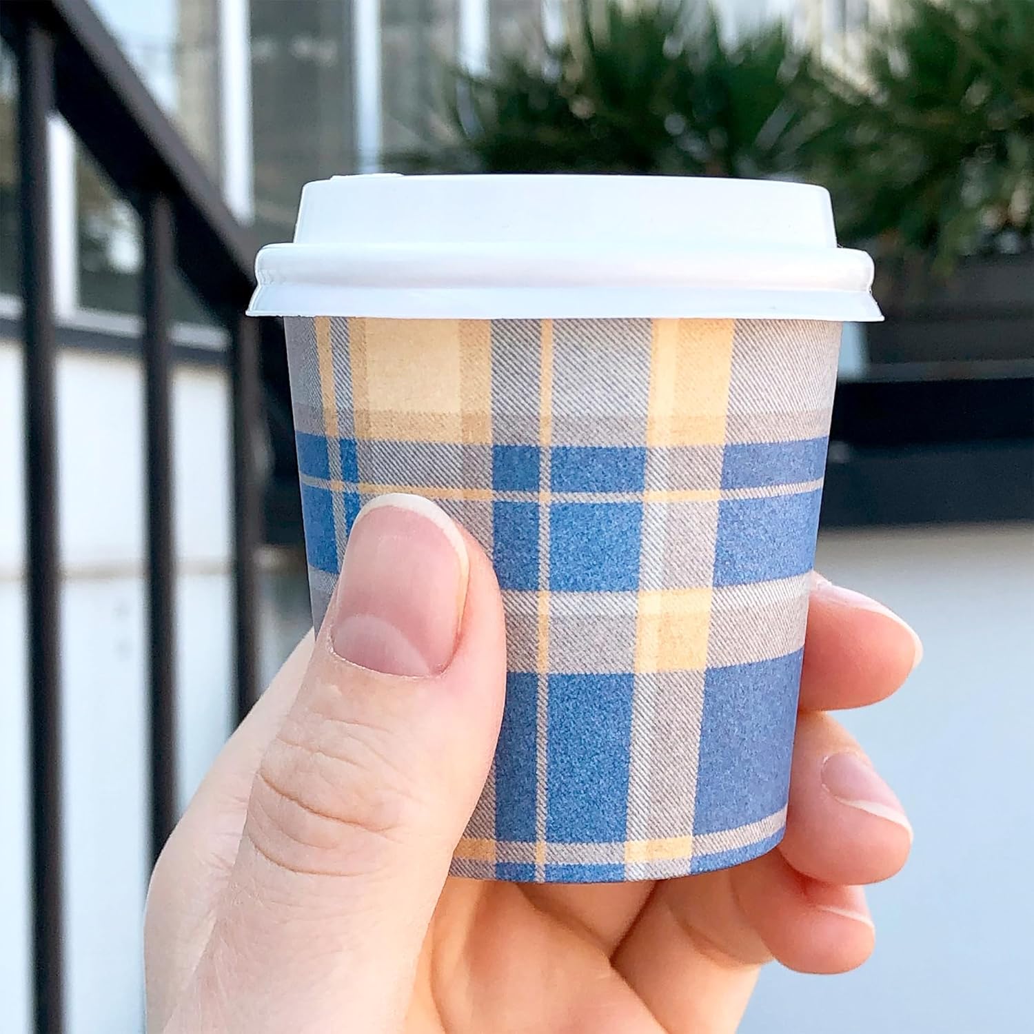 Disposable Espresso Cups with Lids - 4 Oz - 50 Sets - Blue Tartan Print - Small To Go Paper Cups with Tops for Home Office or Party - Image 2