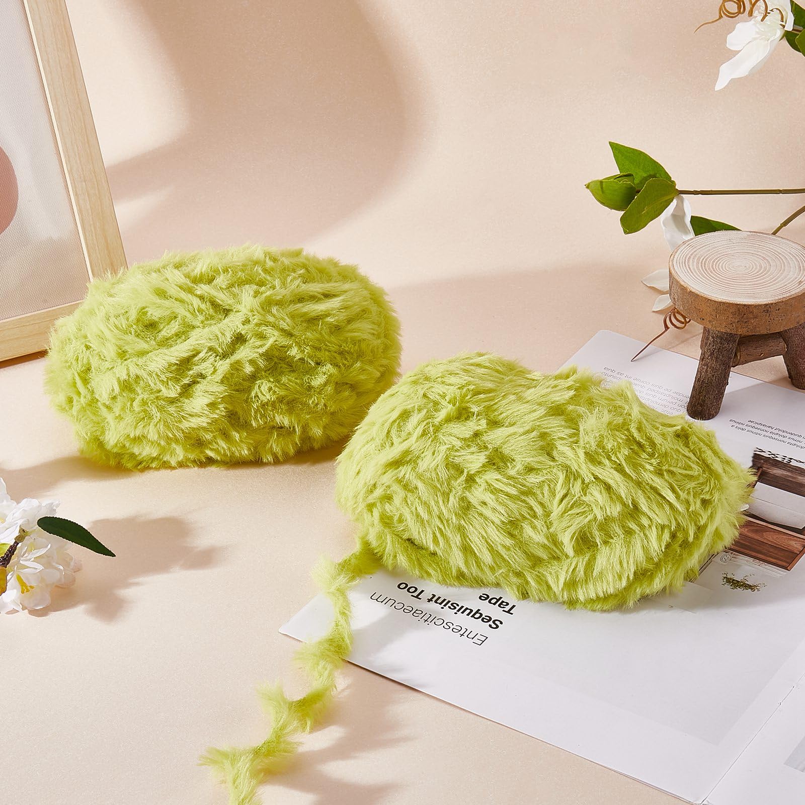 BEEFLYING 2 Roll Super Soft Fur Chunky Fluffy Faux Fur Yarn for Crochet Knit Blanket Rug Clothes - 2×30m(2×32.8yds,51g×2)-Yellow Green - Image 3