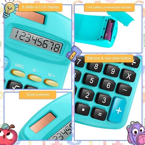 Miniatura 3 de Paquete de 12 mini calculadoras básicas de tamaño de bolsillo para estudiantes en ángulo de mano, pantalla de 8 dígitos, batería solar, calculadora