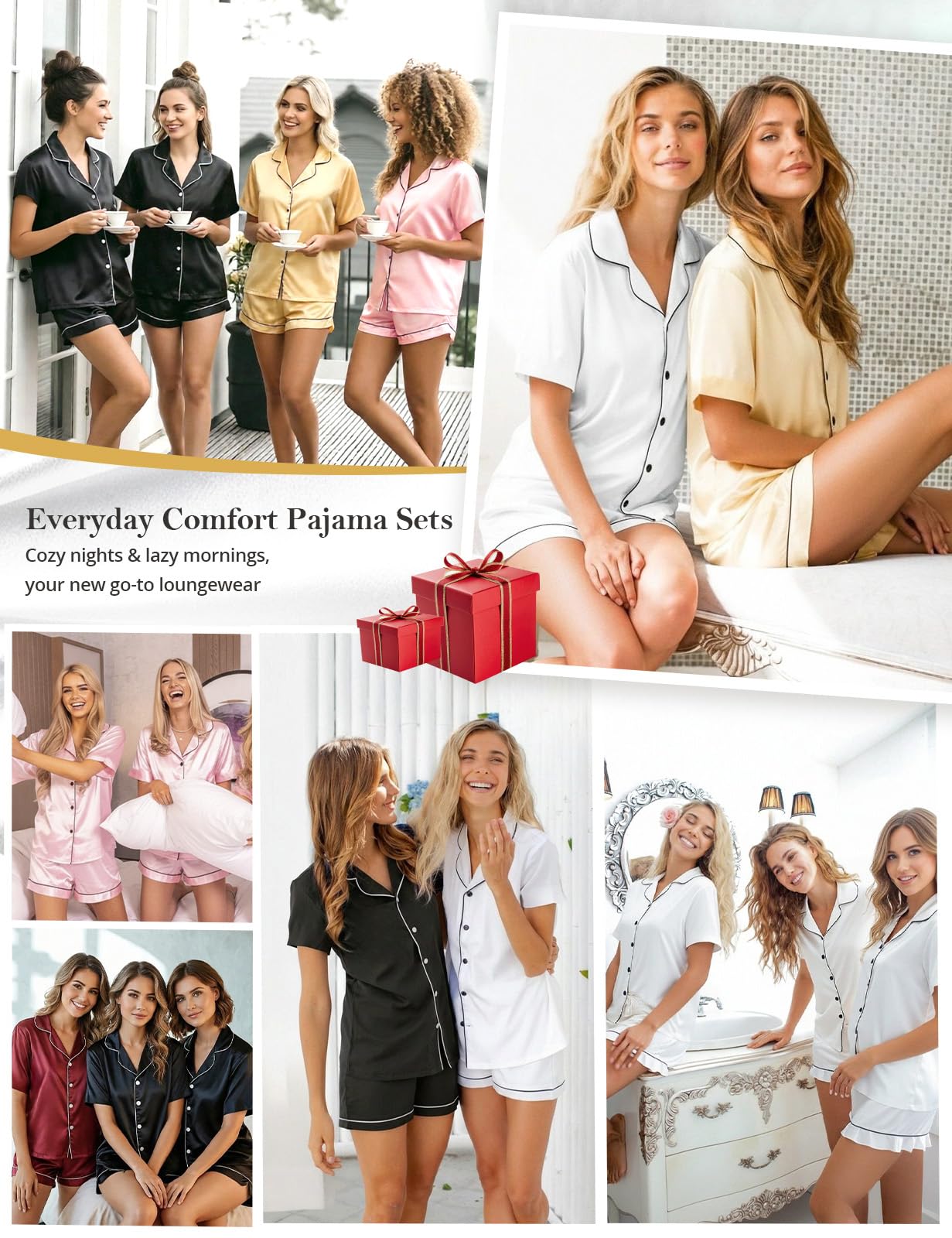 Niwicee Ensemble Pyjama Femme Satin Short Pyjama Court d'Été Col V Revers 100% Polyester Confortable Vêtements de Nuit Femme 2 Pièces Pyjama Set