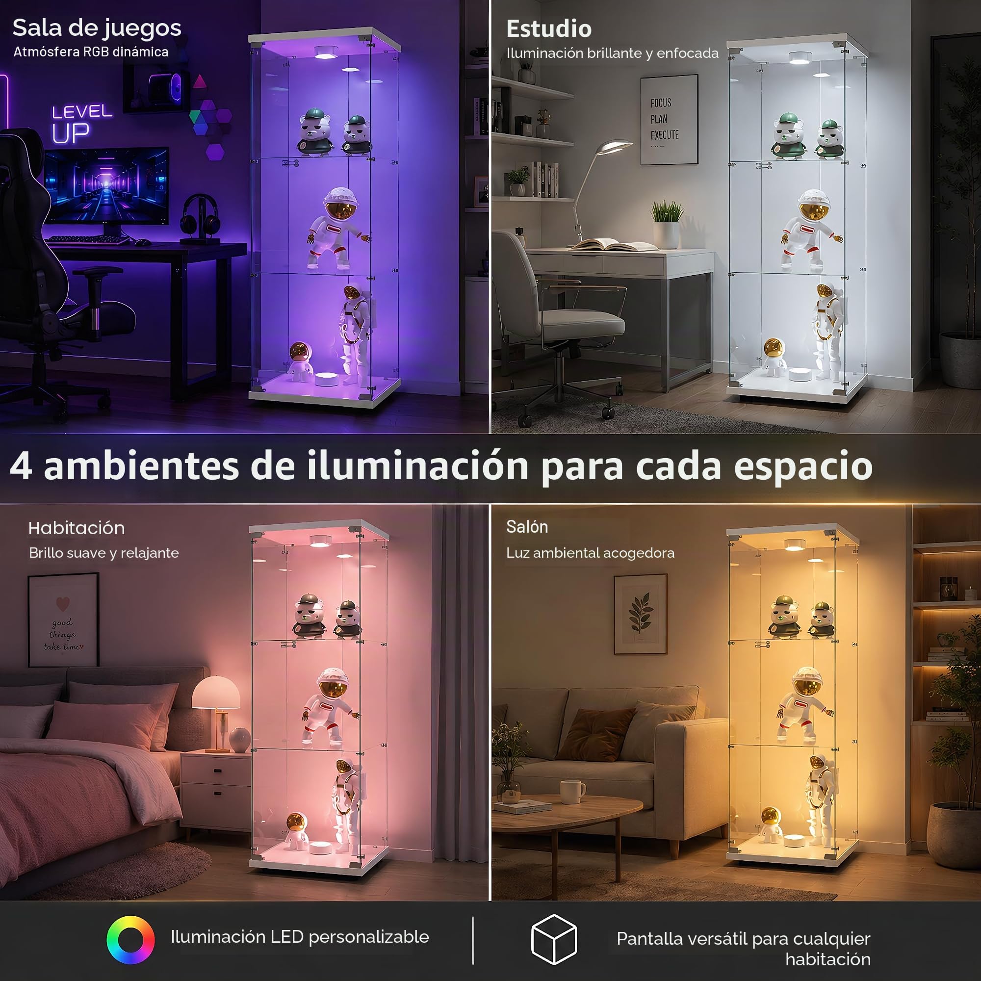 BRILVERDE Vitrina de cristal de pie, con LED, 3 pisos, con puertas y cerradura, para coleccionistas, libros, vino, oficina, salón (blanco, 125 x 42 x 36 cm)