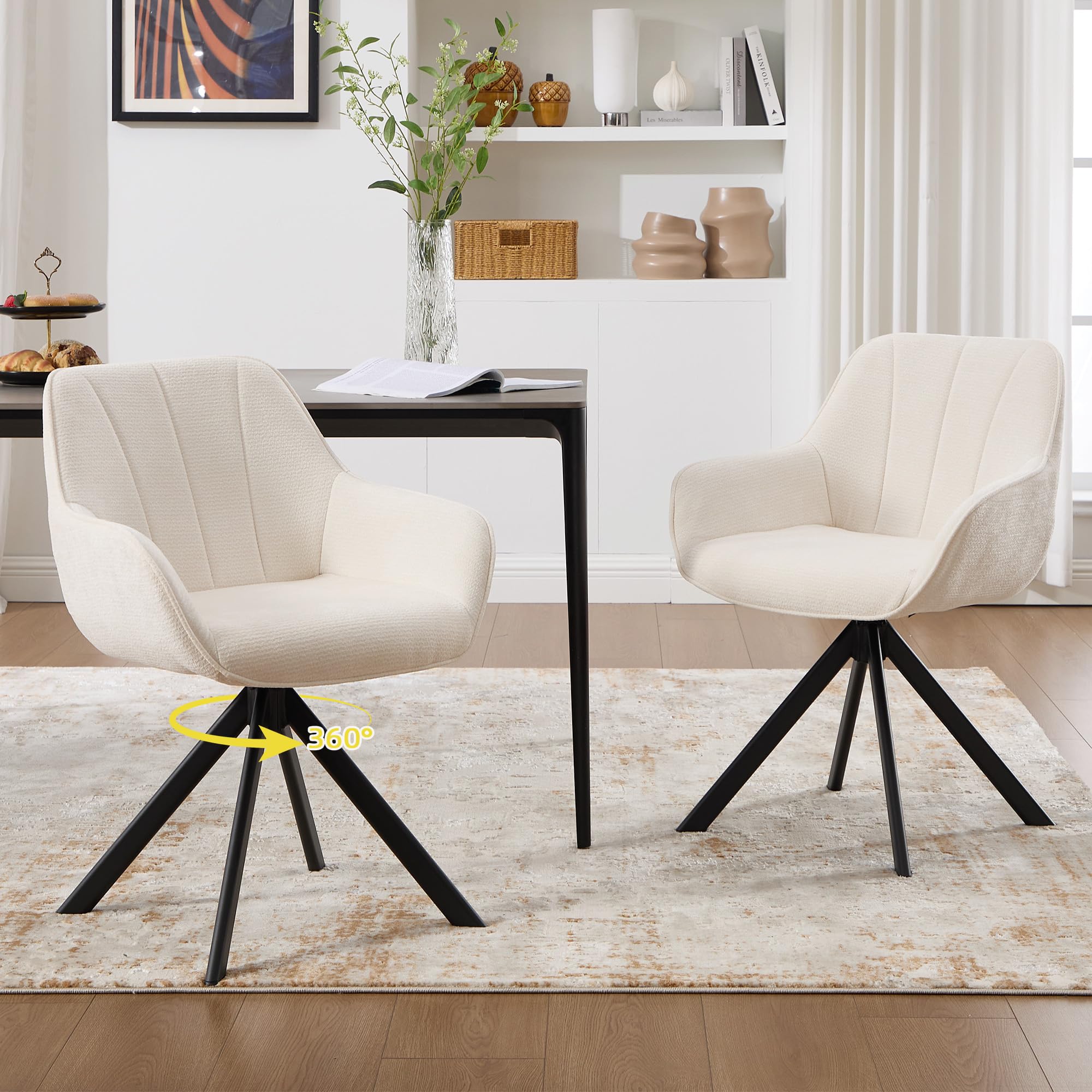 EBELLO 360°Swivel Dining Chairs Set of 2, Velvet Chairs for Dining Room with Armrests,Kitchen Chair with Anti-Slip Pads, armchairs for living Room,White.
