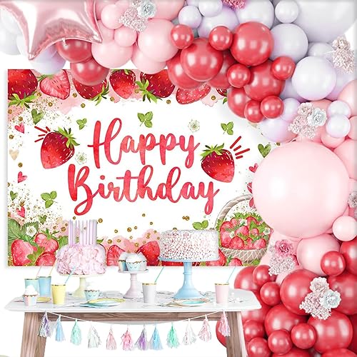 Miniatura 2 de Mocsicka Telón de fondo de cumpleaños de fresa para decoración de fiesta de cumpleaños de niña de fresa, fondo de fotografía de cumpleaños de dulce