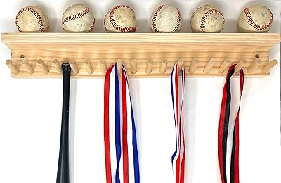 Award Medal Display Rack and Trophy Wall Shelf 18 Medals Baseball Mini Bats 6 Baseball (Natural)
