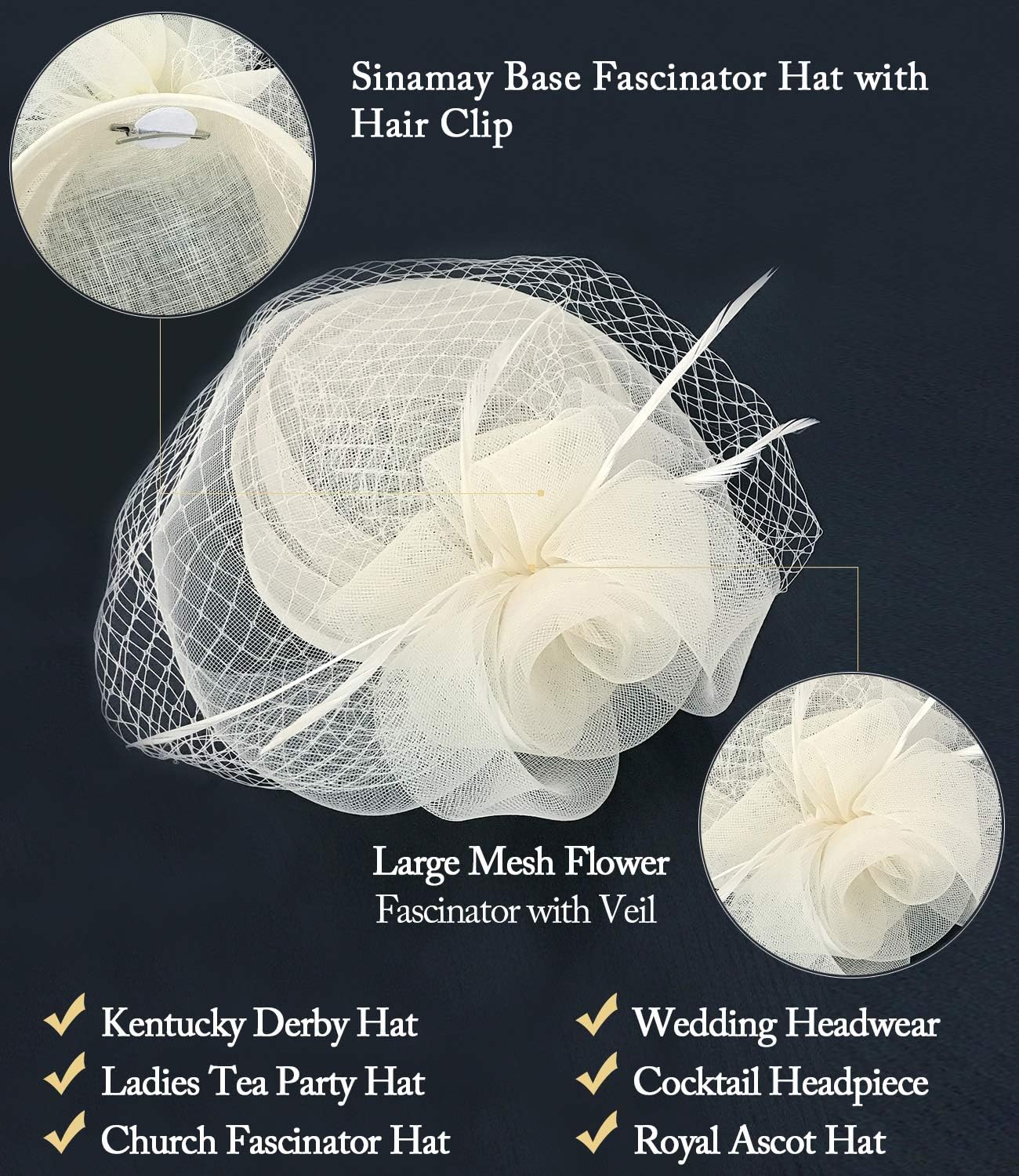 Z&X Sinamay Fascinator Hat Floral Feather Pillbox Derby Hats for Women Wedding Tea Party with Headband Clip - Image 2