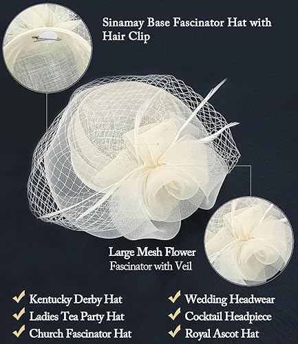 Miniatura 2 de Z&X Sinamay Fascinator Hat Floral Feather Pillbox Derby Hats for Women Wedding Tea Party with Headband Clip
