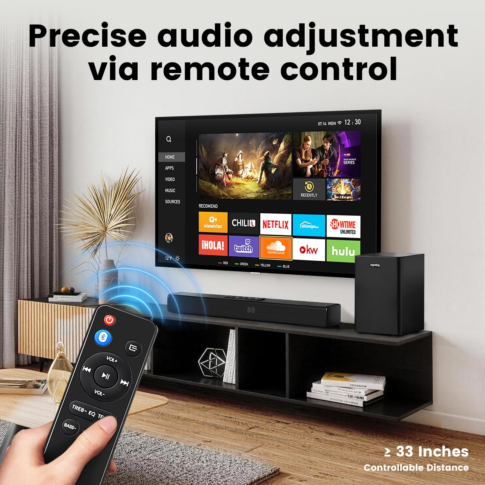 Barra de sonido Bluetooth con subwoofer inalámbrico, barra de sonido con entradas ópticas/ARC/AUX y Bluetooth 5.0, sistema de sonido envolvente de 2.1 canales para TV, PC, juegos, música