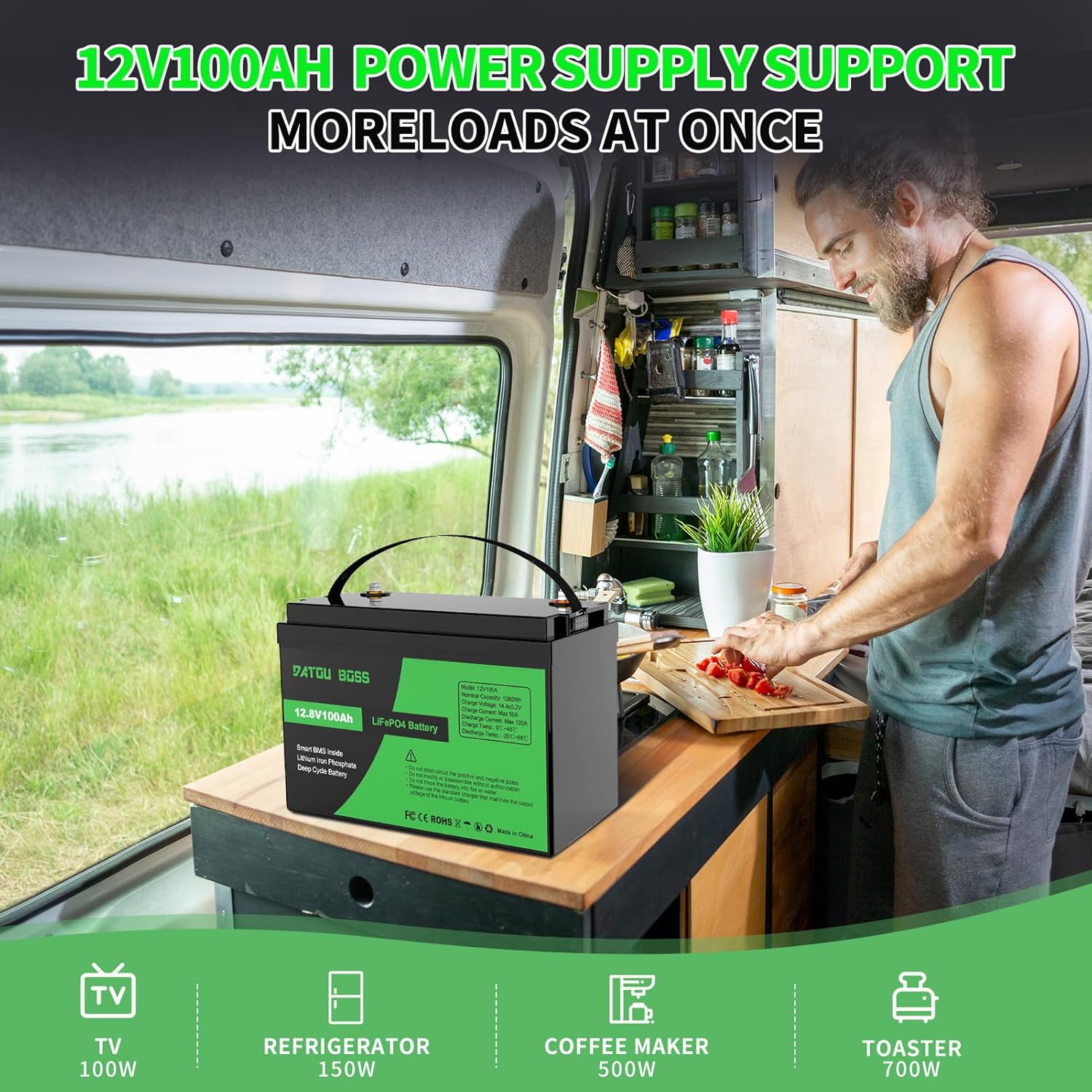 DATOUBOSS 12V 100Ah LiFePO4 battery powering various appliances in an RV setting