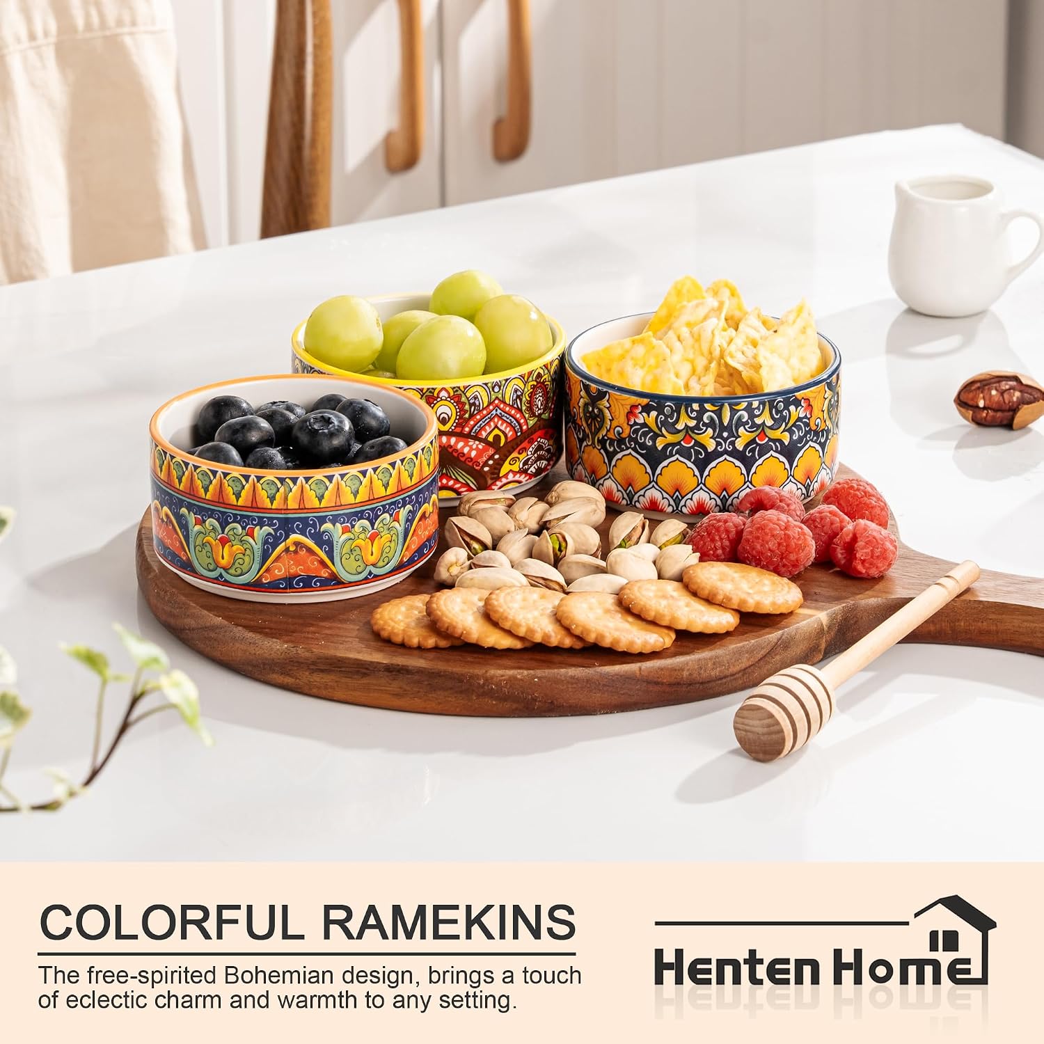 Henten Home Ceramic Ramekins Set Oven Safe, Colorful Souffle Ramekins Set of 6, Boho Baking Cups for Pudding, Cake, Ice Cream, Snack, Creme Brulee, Microwave & Dishwasher Safe (6 oz)