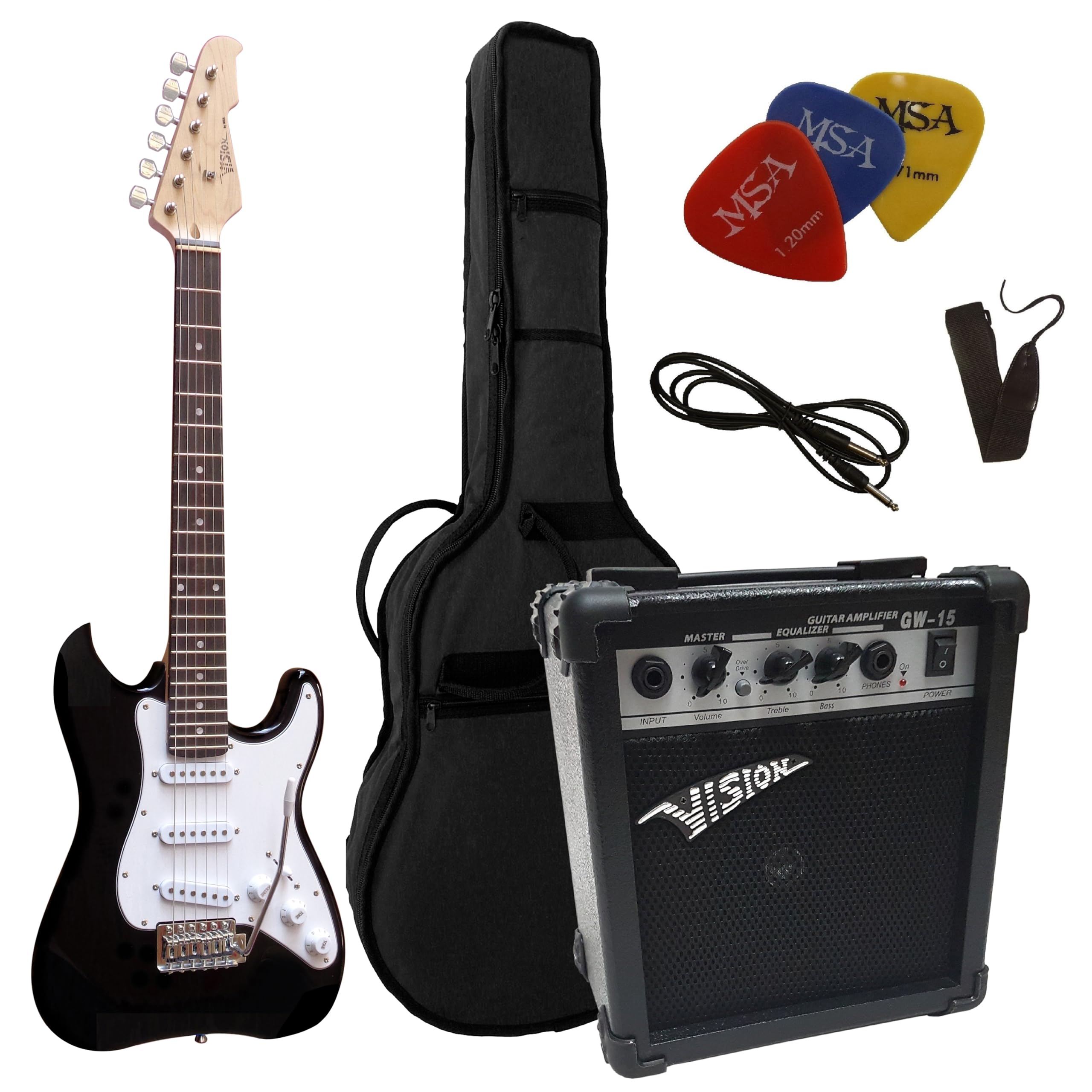 3/4 CHITARRE ELETTRICHE NERO PER JUNIOR - CHITARRA ELETTRICA NERO - LEGNO DI ONTANO MASSICCIO - MSA VISION - PICKUP - TREMOLO - EK303