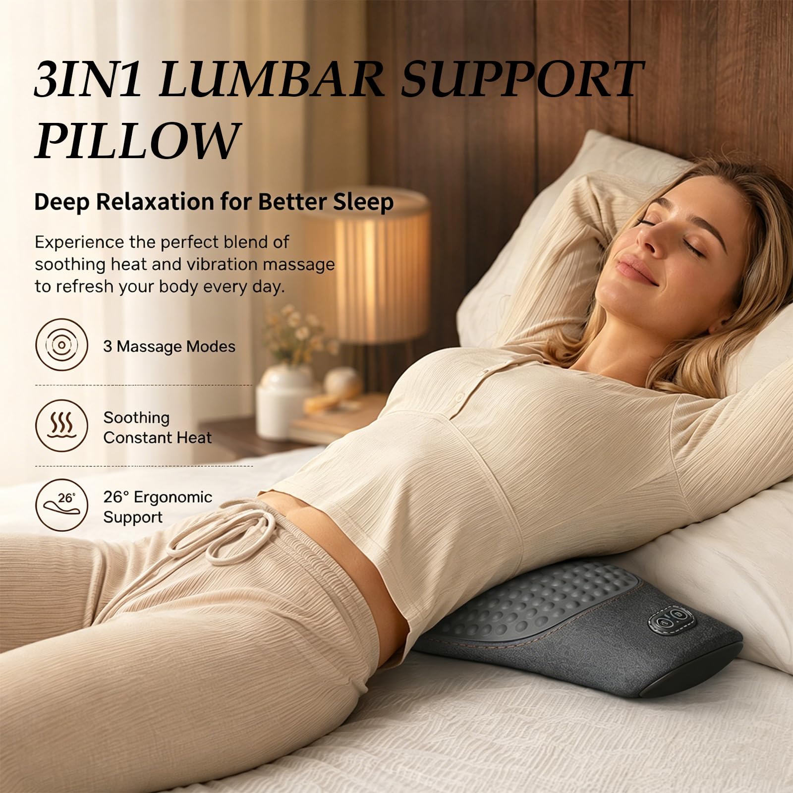 3 In 1 Rückenmassagegerät, Massagekissen mit Zug, Vibrations und Wärmefunktion, Ergonomisches Design, Lendenkissen zur Linderung von Rückenschmerzen, Geeignet für Büro und Zuhause