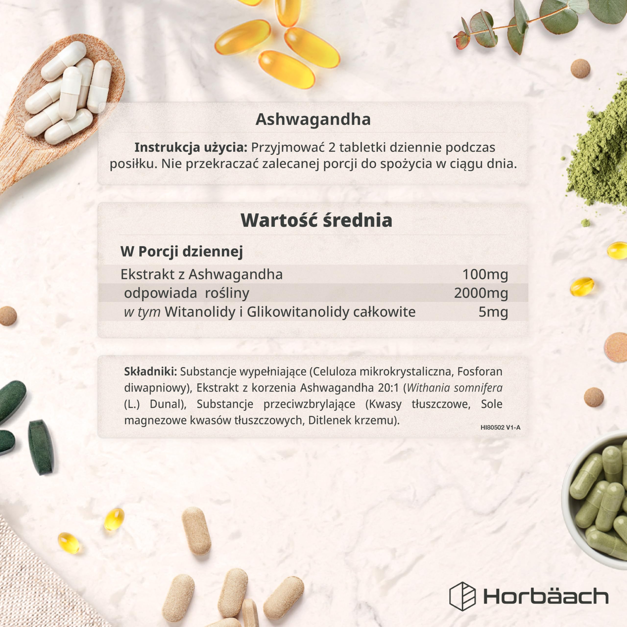 Ashwagandha KSM-66® 1200mg (BIO) | 5% Witanolidów | Organiczny Suplement w Proszku z Korzenia Ashwagandhy | Wysoka moc | 180 Kapsułek Wegańskich | marki Horbaach