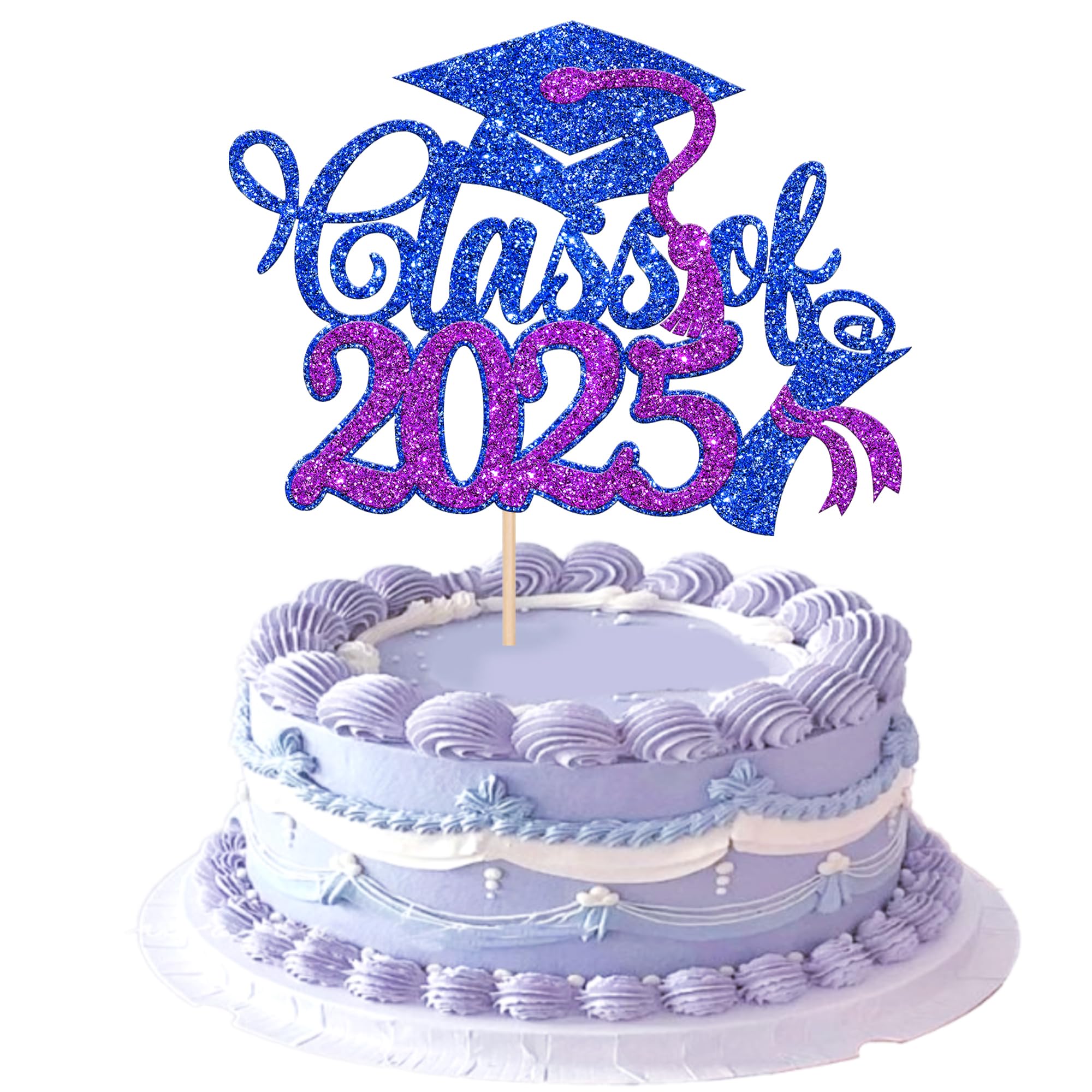 Rsstarxi 1 Pack 2025 Graduation Cake Topper Glitter Congrats Class of 2025 Grad Cap Diploma Cake Pick for Congrats 2025 Graduation Theme Party Cake Decorations Supplies Blue Purple