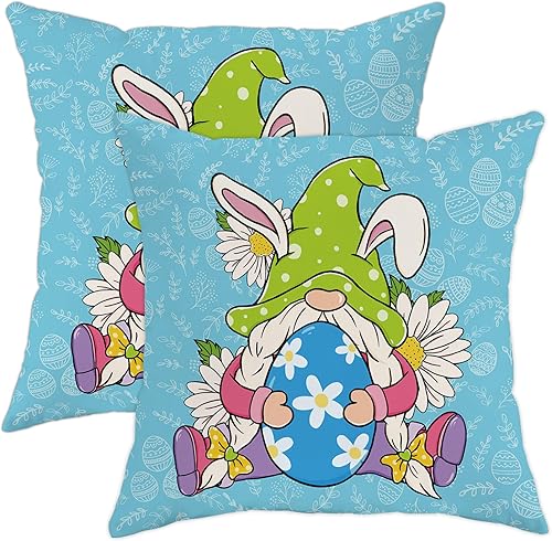 Juego de 2 fundas de almohada de gnomos con diseño floral de margaritas, huevos de Pascua, diseño de conejo, hoja de oreja, bohemio, azul, acogedor,