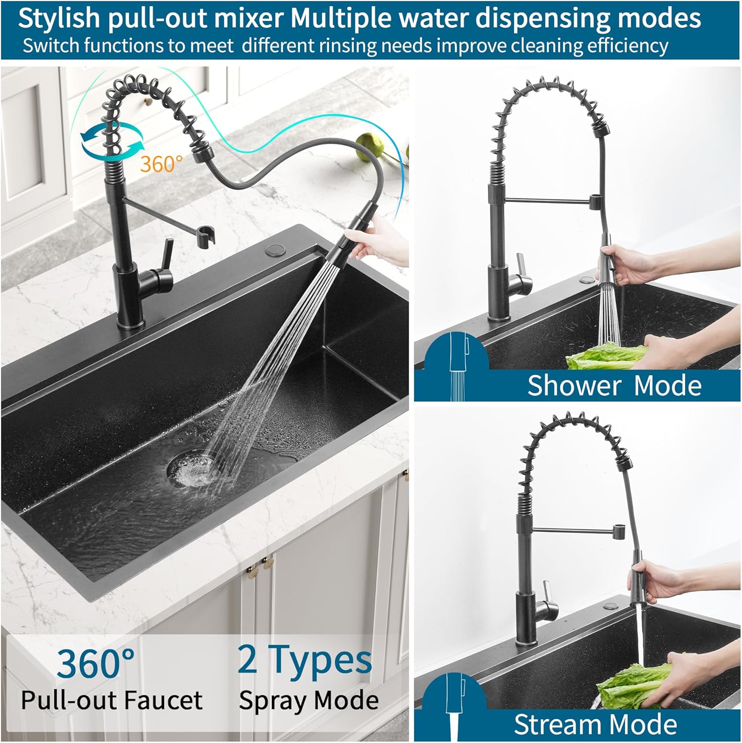 36 inch Gunmetal Black Drop in Kitchen Sink, ALWEN Top Mount Single Bowl Workstation Deep Sink, PVD Nano Stainless Steel with Pull Out Faucet & Accessories