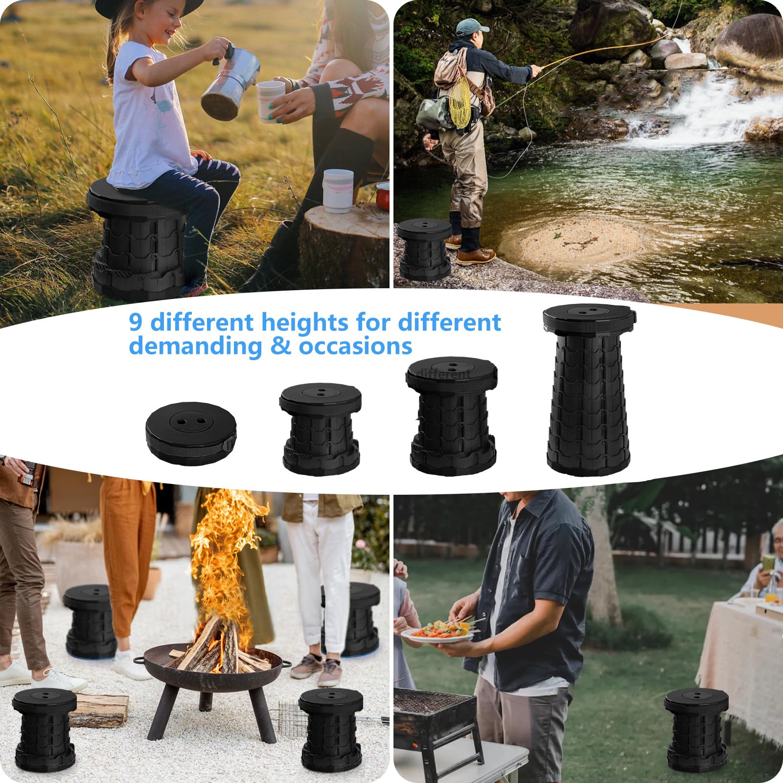 GeeRic Sgabello Pieghevole, Sgabello Telescopico+Sacca Zaino MAX Carico 500LB Regolabile in Altezza Portatile Sgabello da Campeggio Telescopico per Pesca BBQ Giardino Campeggio Viaggi Concerto Nero