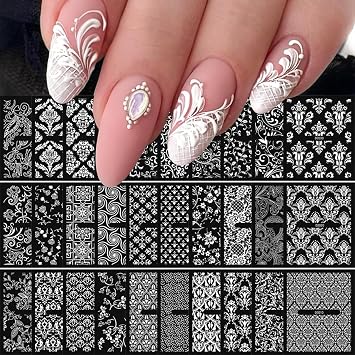 30 Sheets White Nail Art Stickers 3D Self Adhesive Lace Flower Nail Stickers Hallow Floral Nail Decals Spring Summer Nail Supplies for Women Nail Art Decoration Accessories