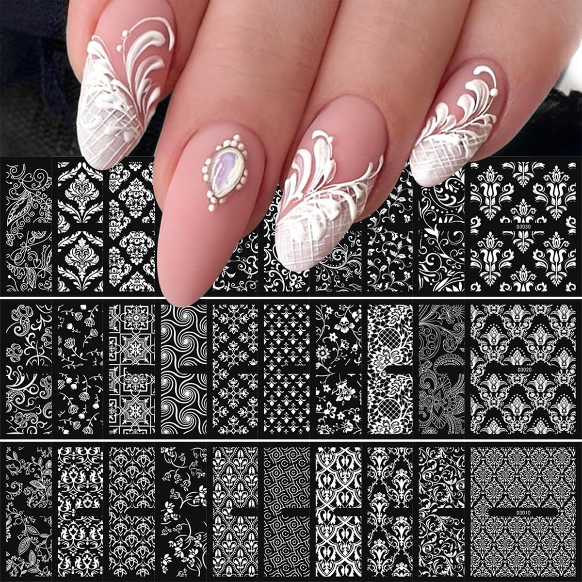 30 Sheets White Nail Art Stickers 3D Self Adhesive Lace Flower Nail Stickers Hallow Floral Nail Decals Spring Summer Nail Supplies for Women Nail Art
