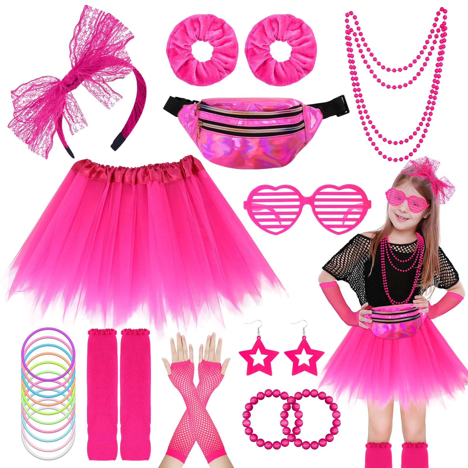 80s Costume Accessories Set for Girls, 1980s Fancy Dress Outfit with Tutu Skirt Waist Bag Fishnet Gloves Leg Warmers Earrings Headband Bracelets Necklaces for Halloween Neon Party Cosplay-Pink