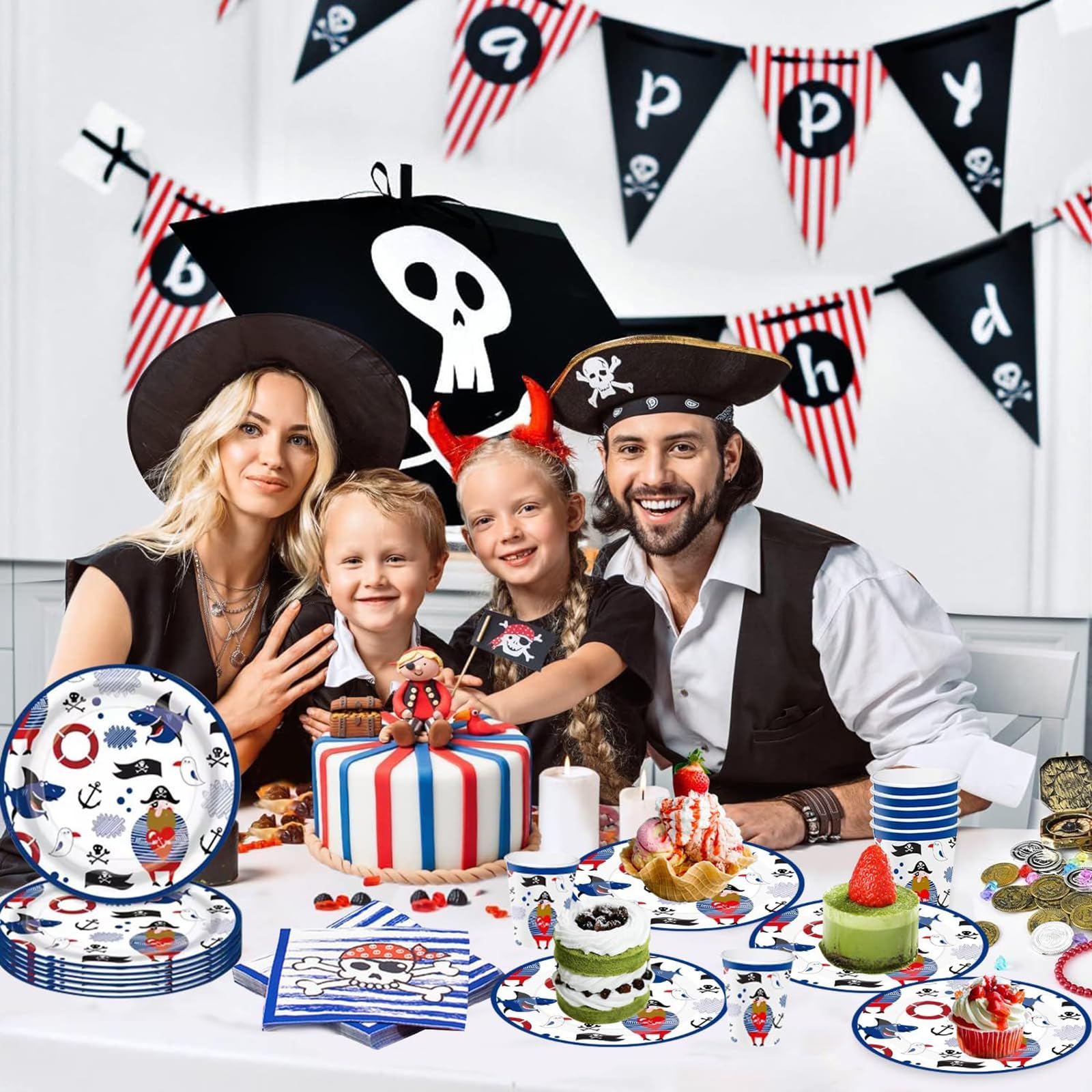 ZOOMPIL Compleanno Pirata Set di Stoviglie, Stoviglie Festa Pirati, 52pcs Forniture per Feste per Tema Pirati, per Festa Pirata, bicchieri, tovaglioli e tovaglia, 10 Ospiti
