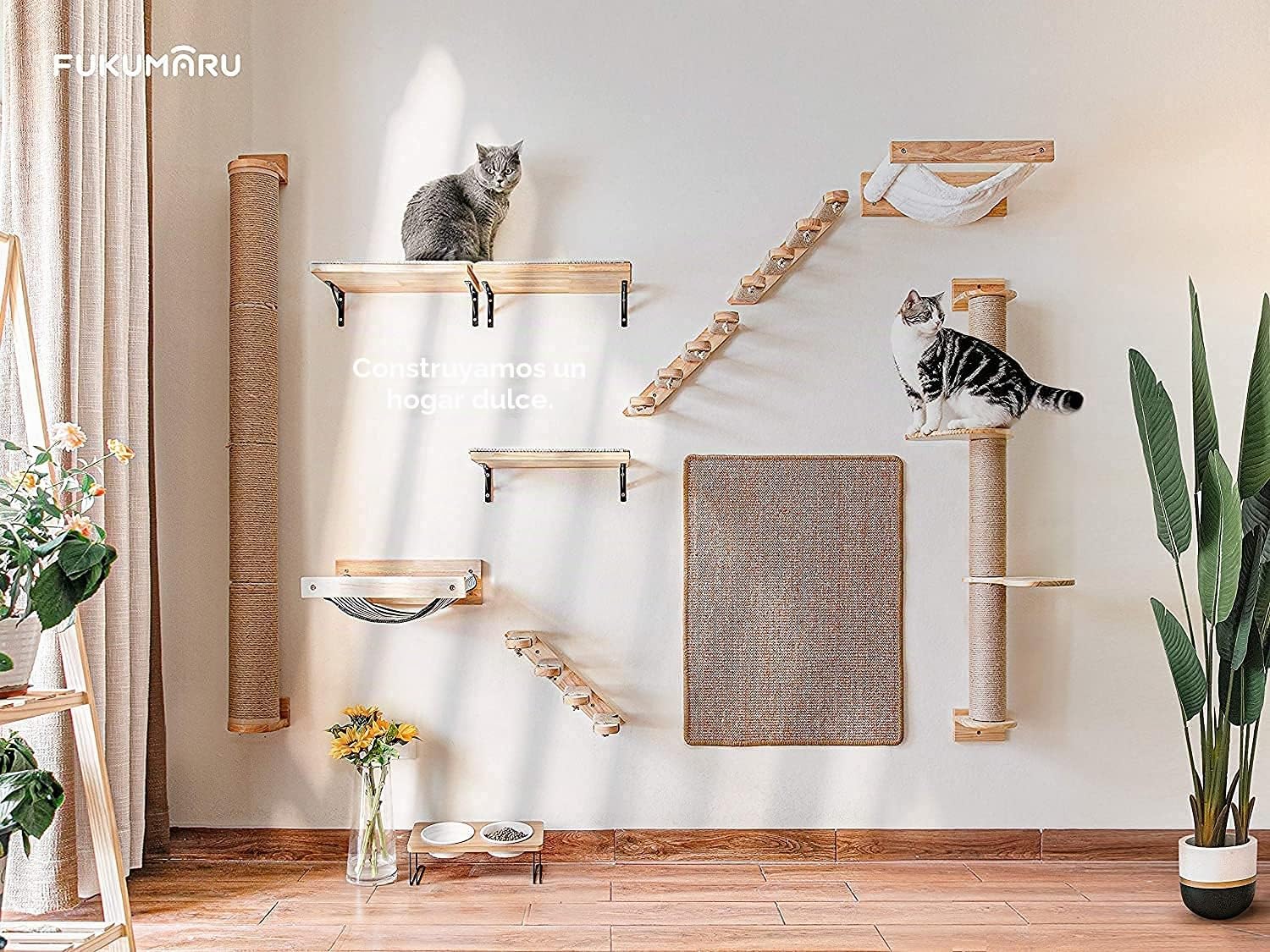 FUKUMARU Árbol para Gatos de 93 cm, Montado en la Pared, Poste Rascador y colchoneta de Yute, árbol Rascador para Gatos Hecho de Madera de Caucho sólida Natural