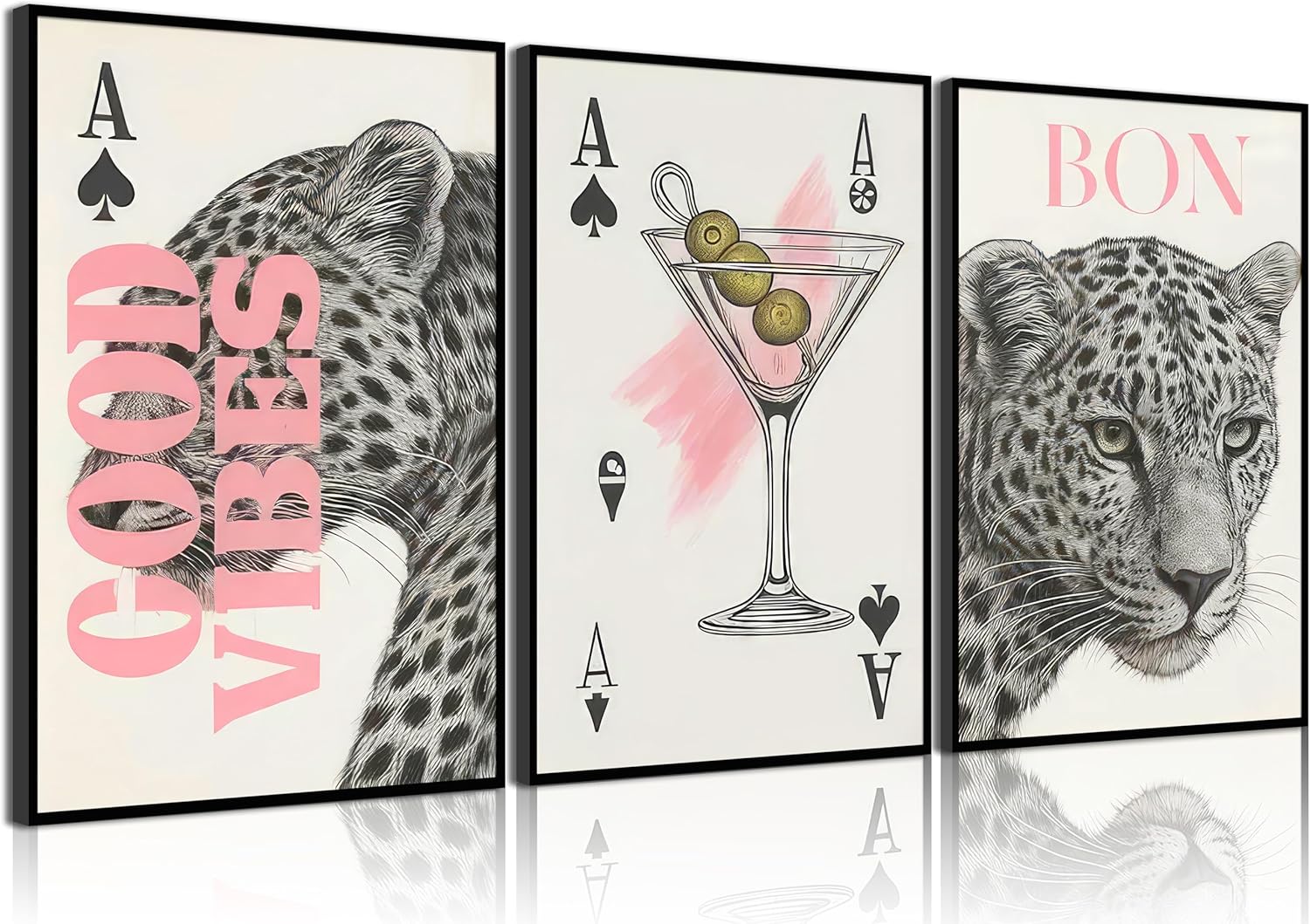 3Pcs Trendy Pink Leopard Wall Art Preppy Poker Ace Martini Painting Picture Wall Decor Black And White Cheetah Poster Print Artwork for Bedroom Girly Room Apartment Dorm Home Decoration Unframed