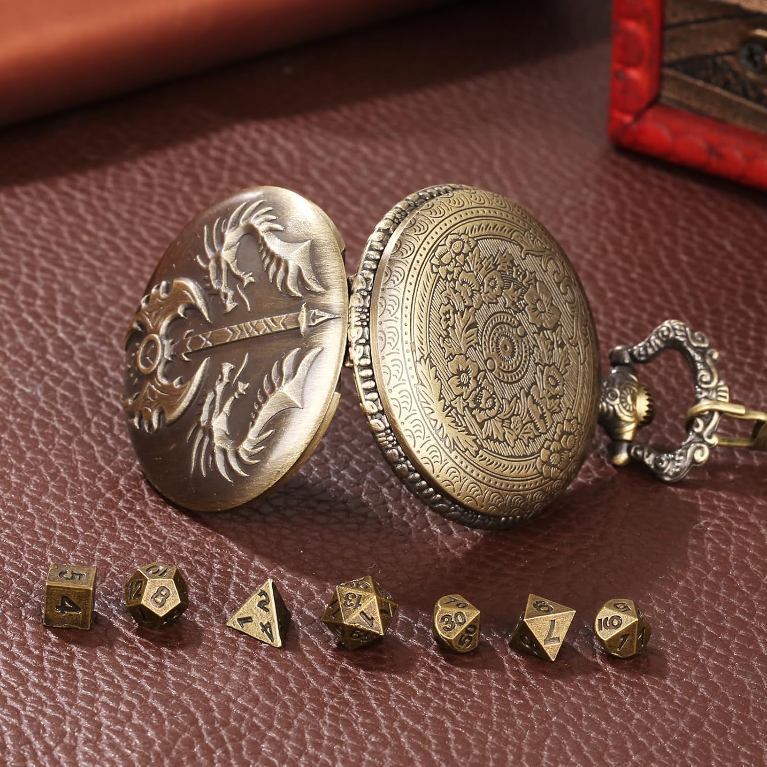 Mini DND Dice Set with Double Headed Dragon(Top Double-Sided Axe) Pocket Watch Case, 7-PCS Polyhedral Metal D&D Dice, DND Gifts with Gift Box, Role Playing Game Board Game Accessories Dice, Bronze