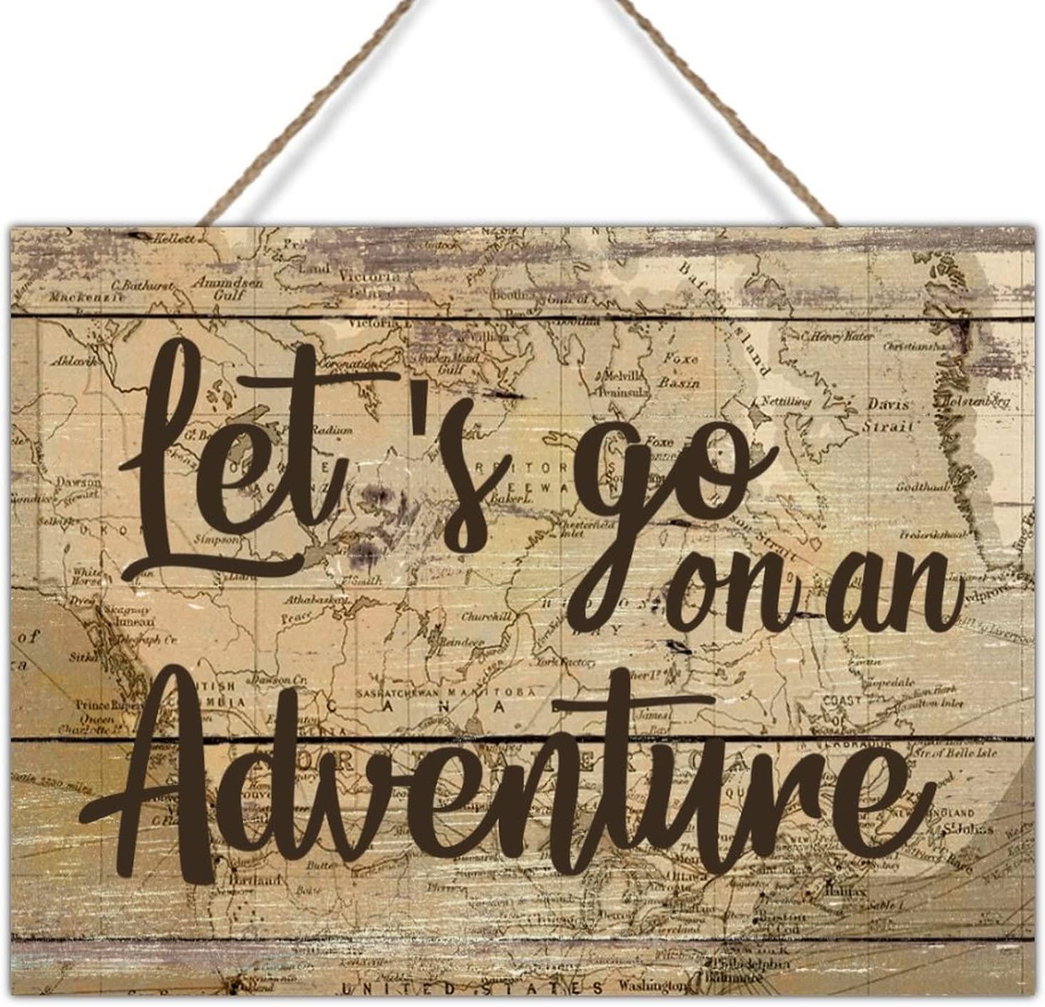 Vintage Map Wood Plaque Let's Go on an Adventure Wood Wall Art Sign Watercolor Adventure World Map Wall Art Decor for Home Office Bar Wall Art Decor 24x18in Travel Lover Birthday Gift