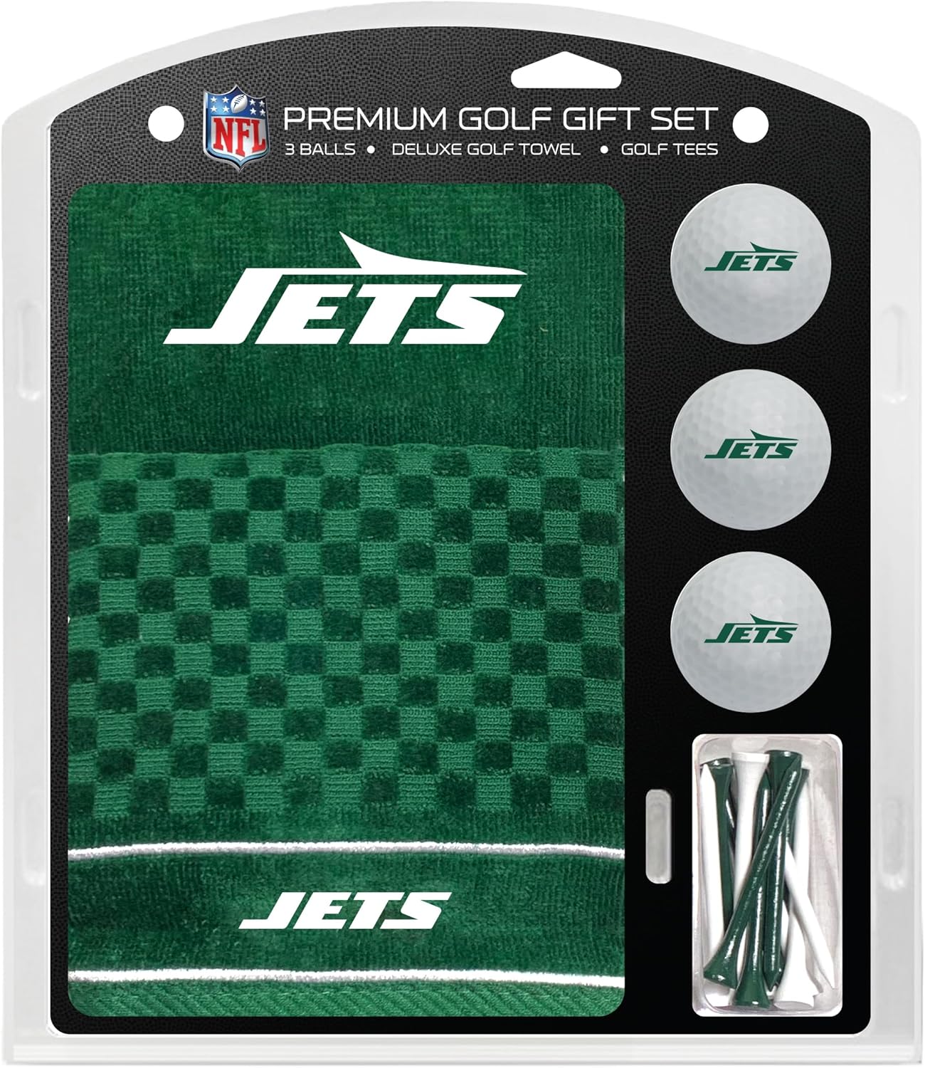 Team Golf NFL New York Jets Gift Set: Embroidered Golf Towel, 3 Golf Balls, and 14 Golf Tees 2-3/4" Regulation, Tri-Fold Towel 16" x 22" & 100% Cotton