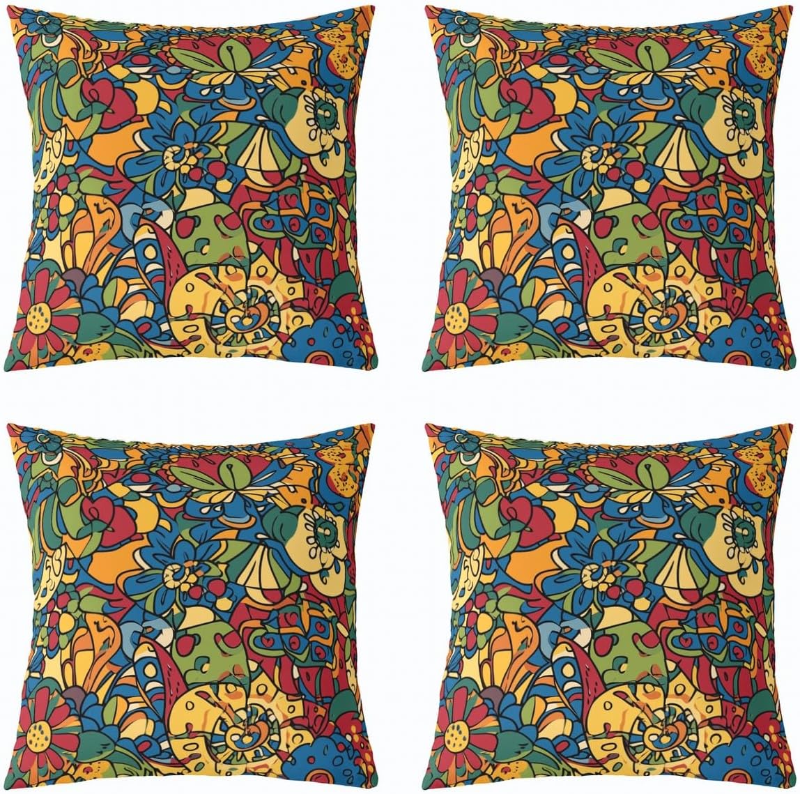Pack of 4 Abstract Throw Pillow Covers 18x18, Green Blue Yellow Pillow Covers, Boho Botanical Geometric Abstract Cushion Covers, Tribal Ethnic Bright-Coloured Floral Decorative Square Pillow Cases