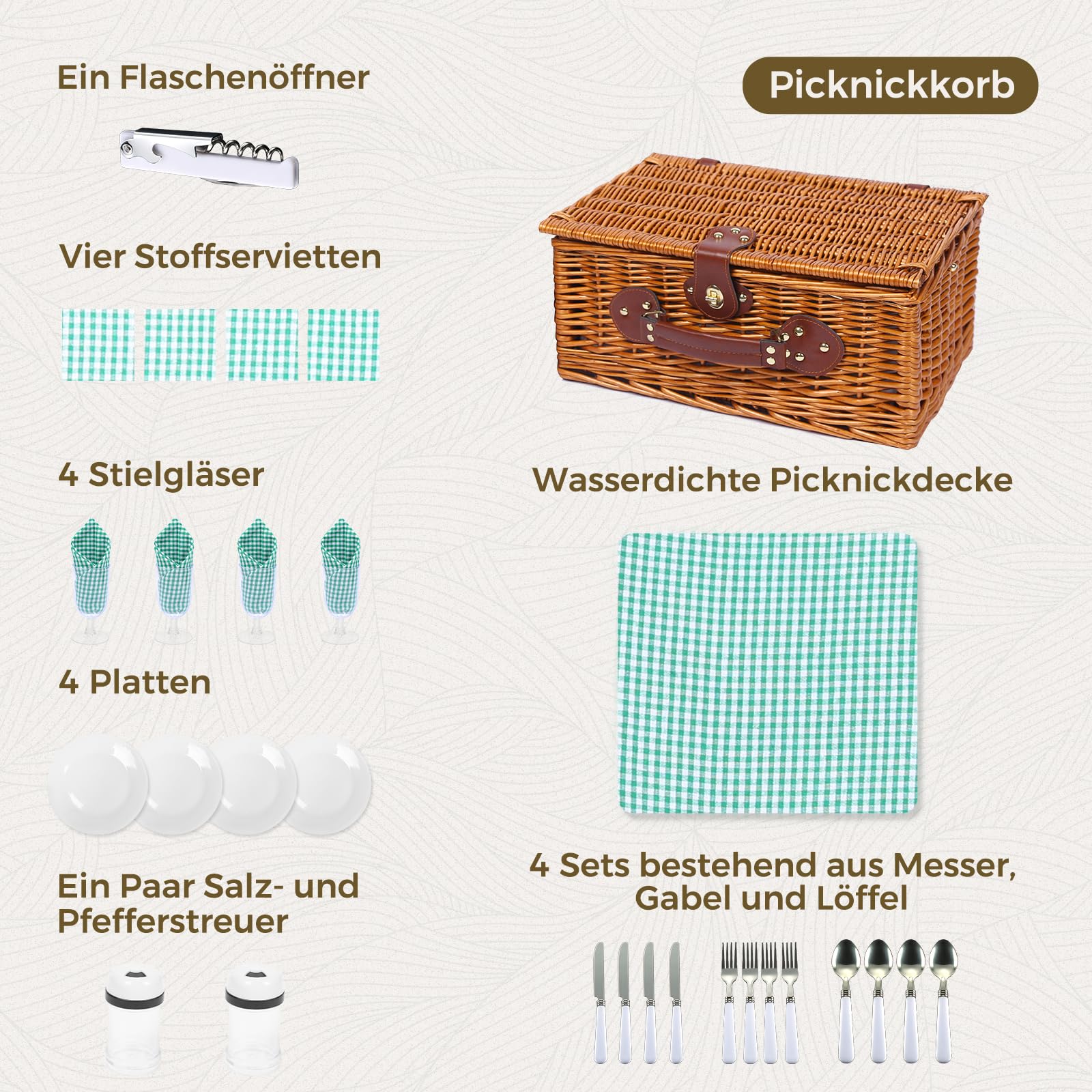 Juego de cesta de picnic para 4 personas con compartimento refrigerador y manta de picnic impermeable, correa extraíble, bolsa de vino, juego de cubiertos, para camping, playa, senderismo,