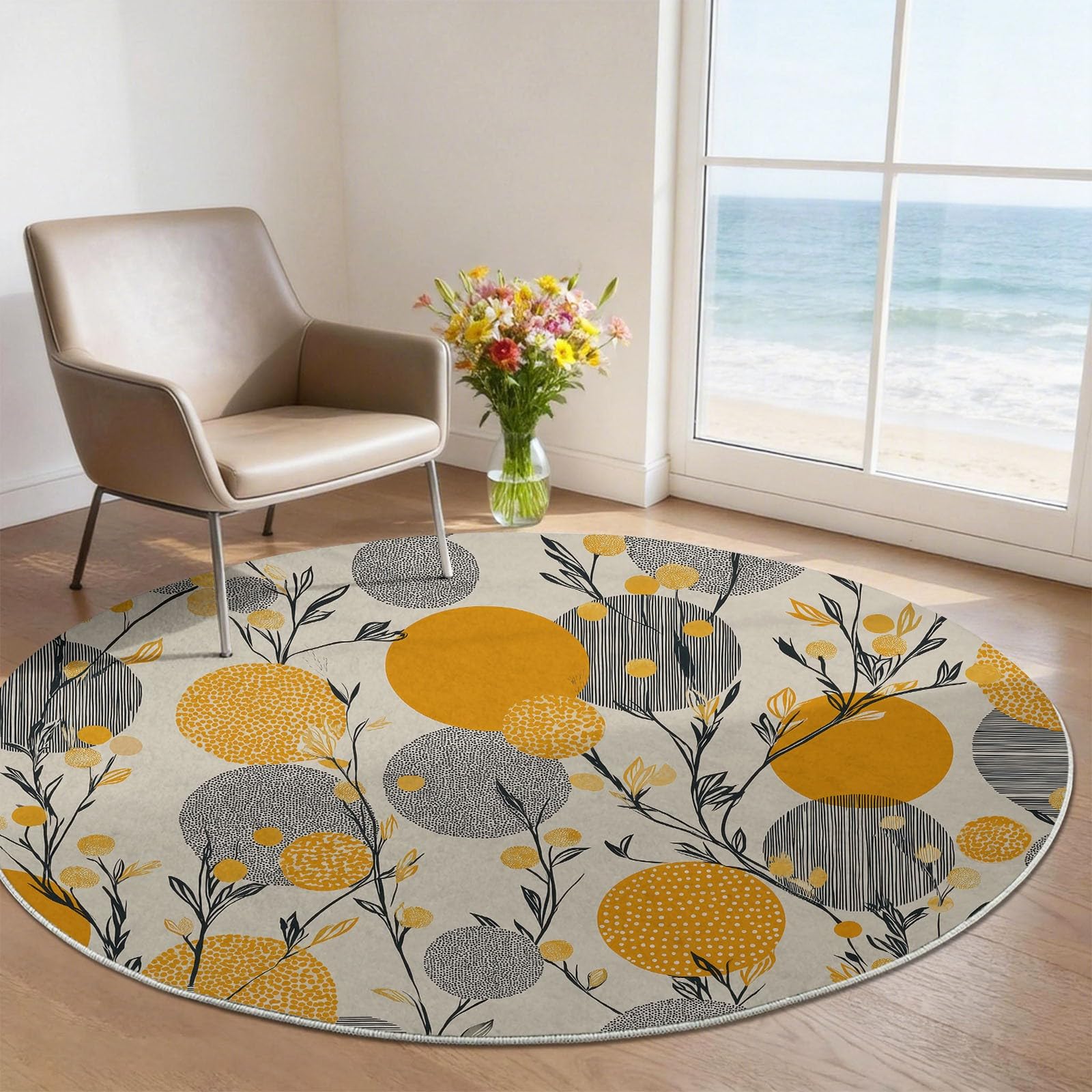 Tapis rond 150 cm géométrique jaune et gris lavable et antidérapant