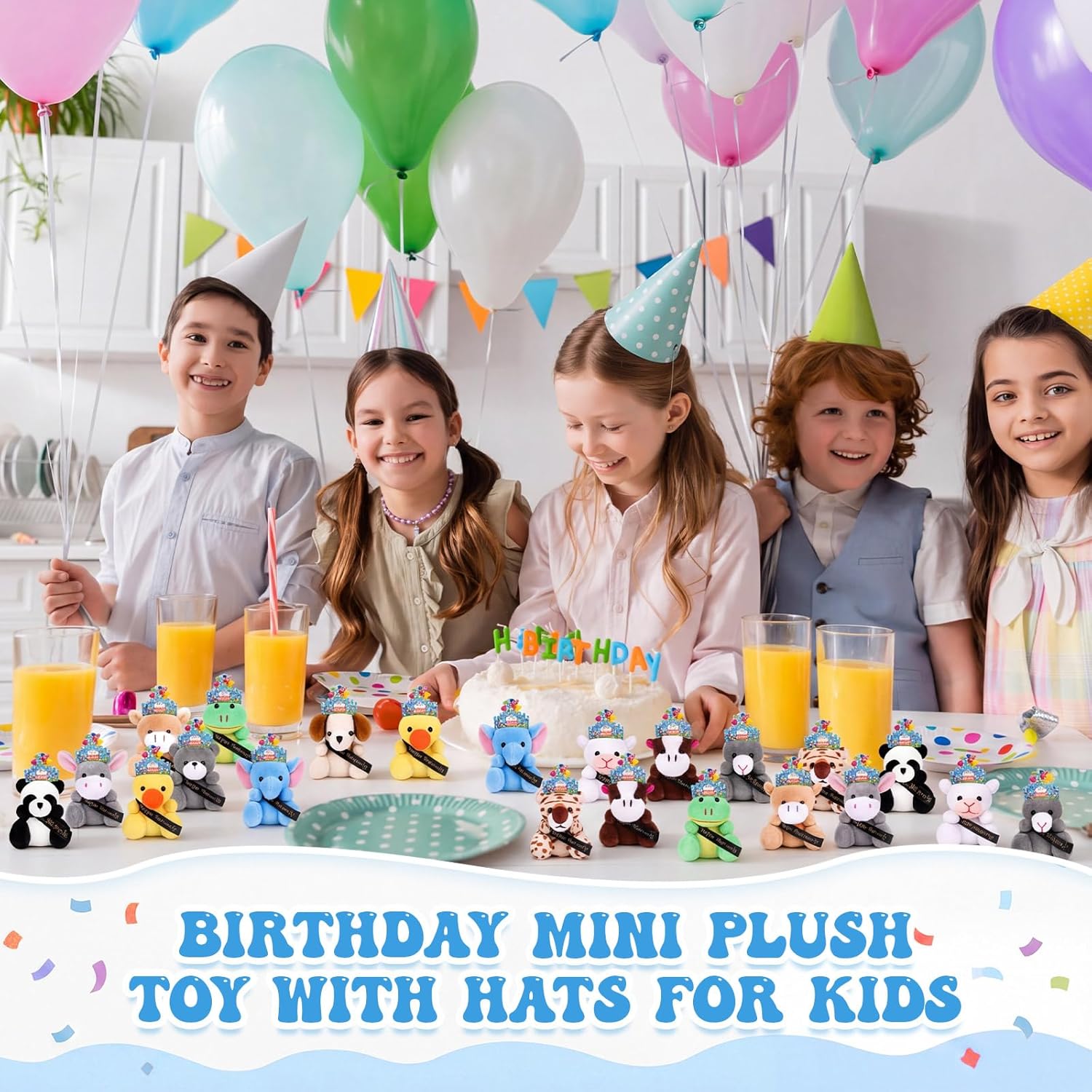Seenelling 36 Pcs Birthday Mini Stuffed Animal with Crowns, Birthday Hats Party Decor Stuffed Animal Bulk for Reward Gifts Goodie Bag Stuffers