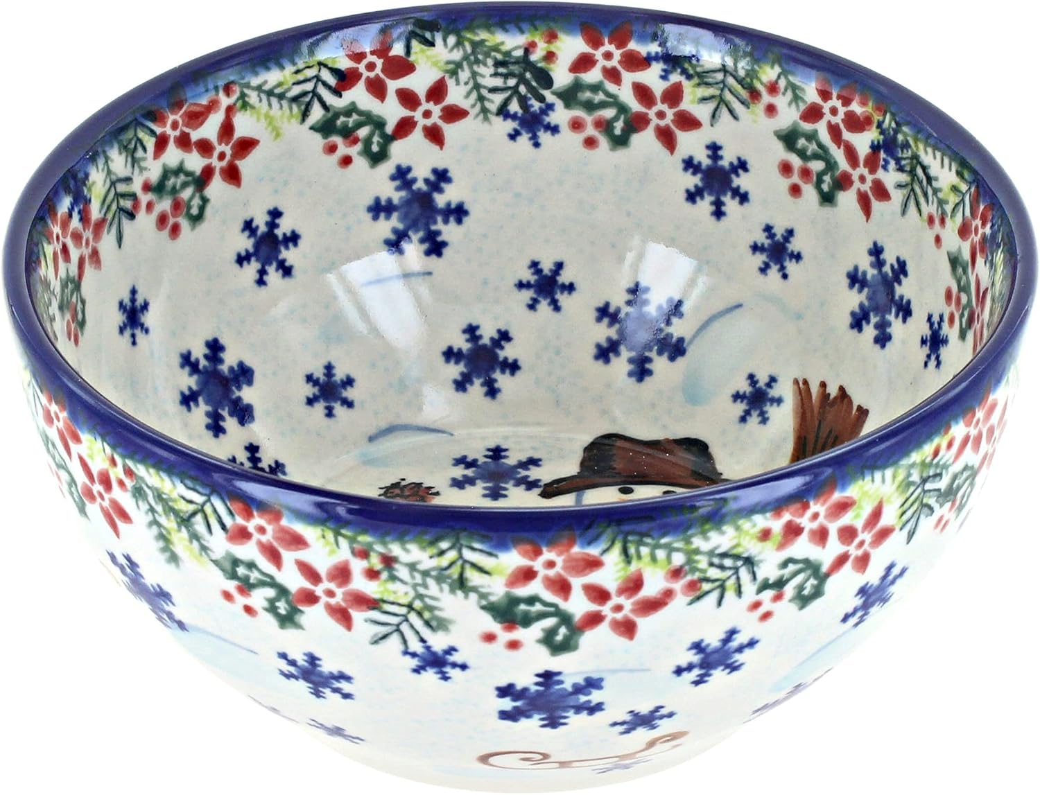Blue Rose Polish Pottery - Blue Snowflake Friends Cereal/Soup Bowl - 6" Diameter - Ceramic Bowl, Festive Design for Breakfast, Soups & Stews