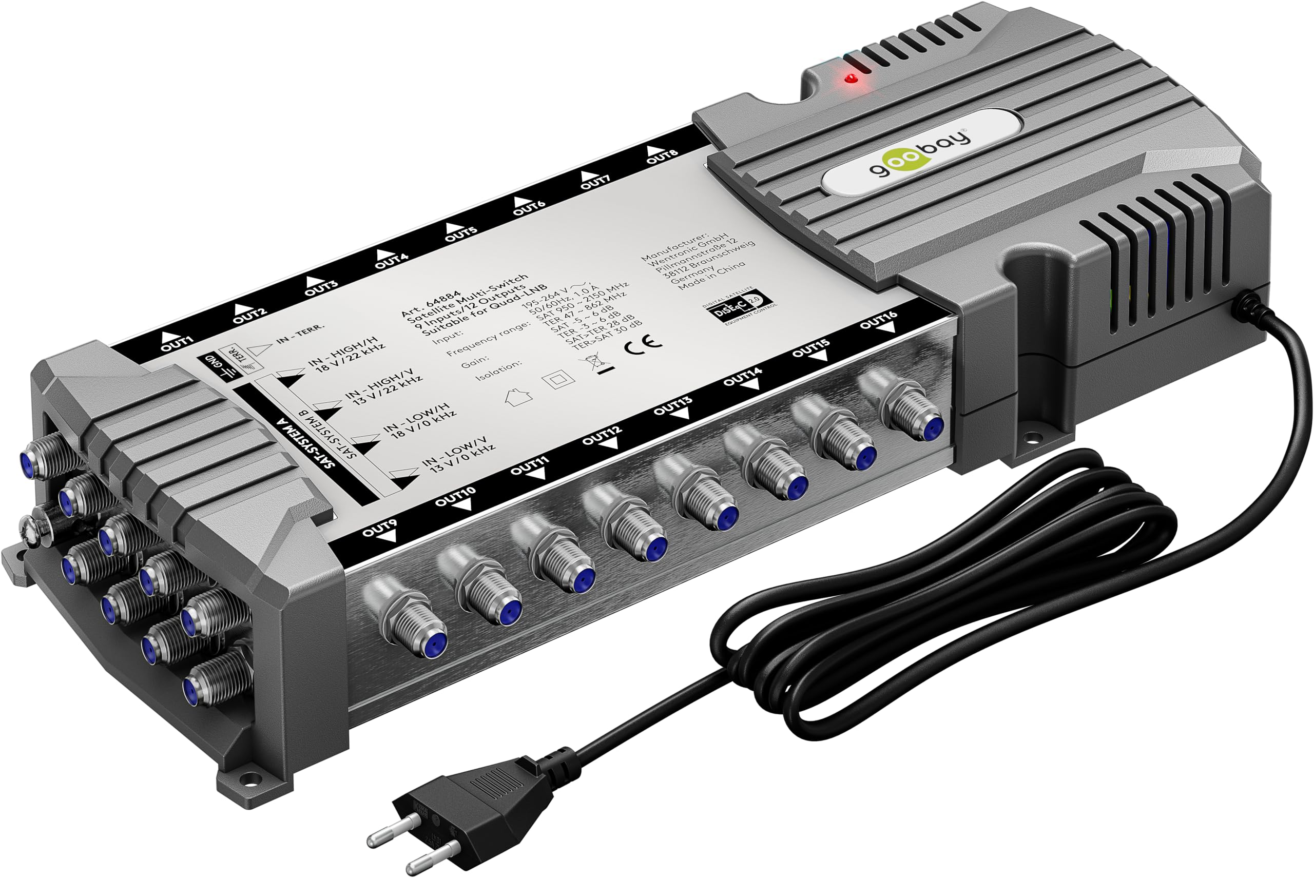goobay 64884 - Multiconmutador satélite/Multiconmutador Compacto / 9 entradas / 16 Salidas / 4K, 8K UHD/Dab+ / para 16 participantes