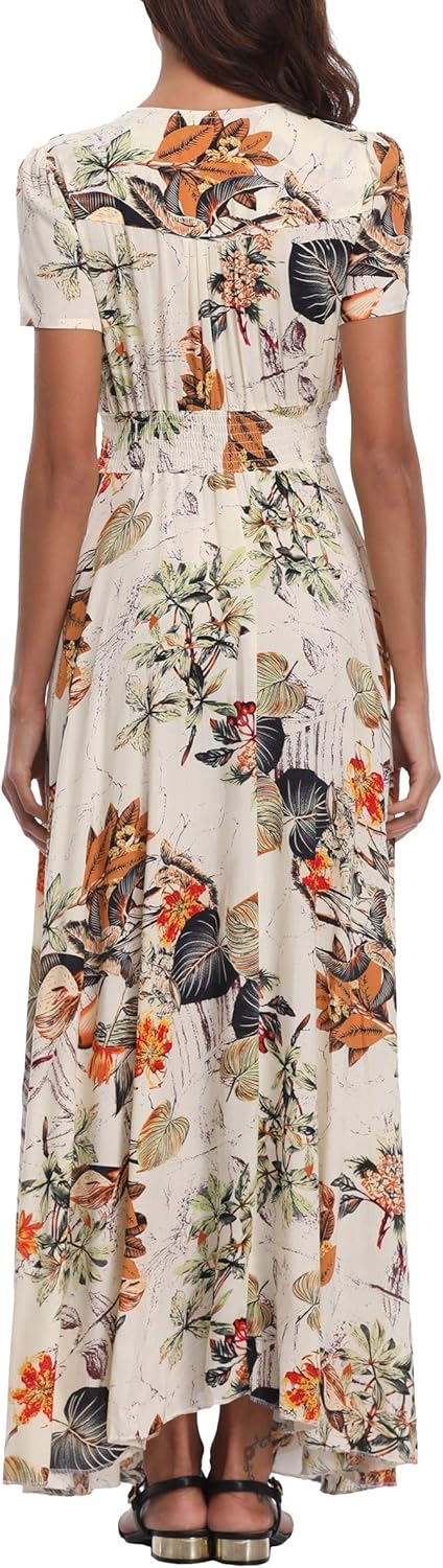 Women's Floral Maxi Dresses Casual Long Summer Boho Beach Dress Short Sleeve Button Up Split Party Dress - Image 5