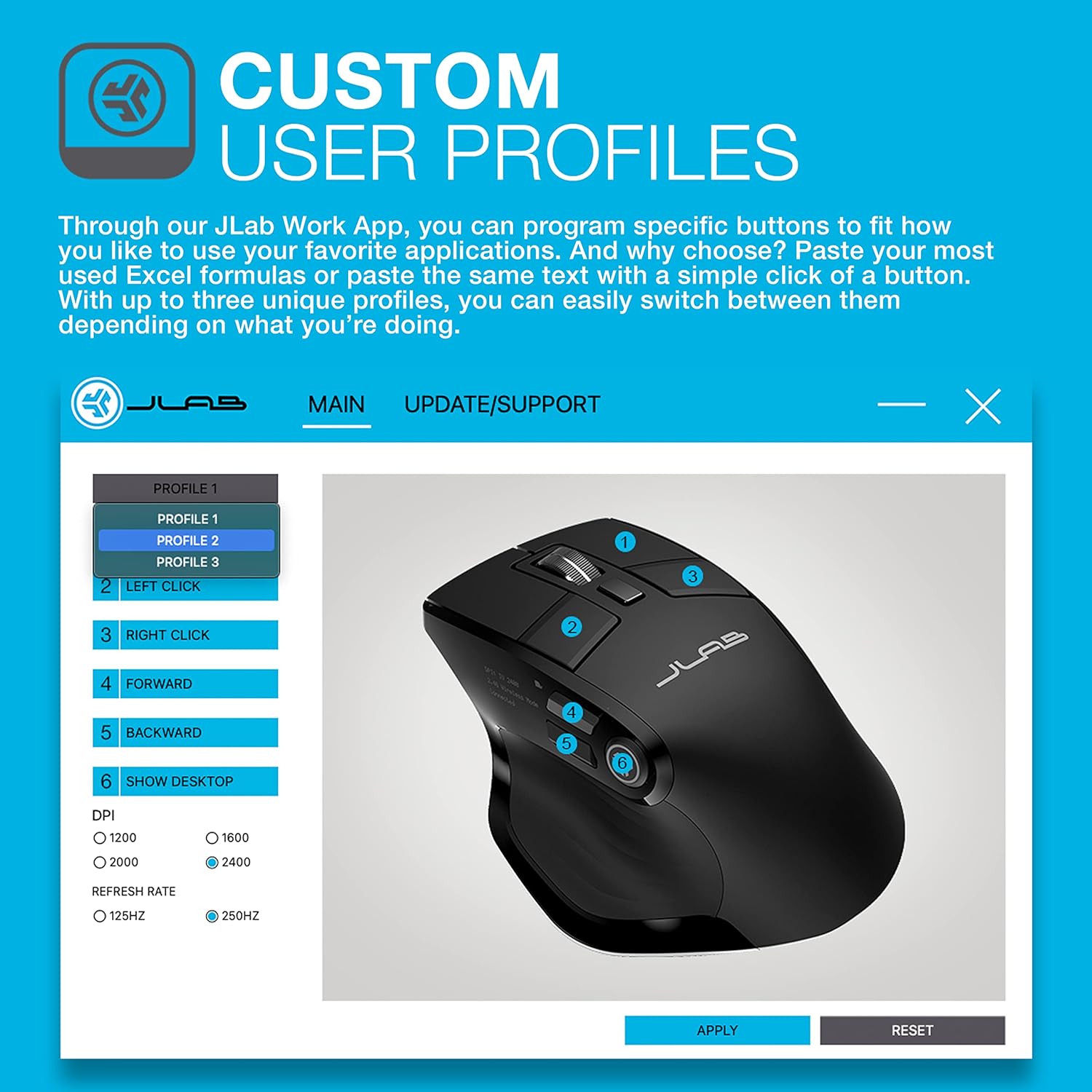 Screenshot of JLab Work App interface for customizing mouse buttons and profiles.
