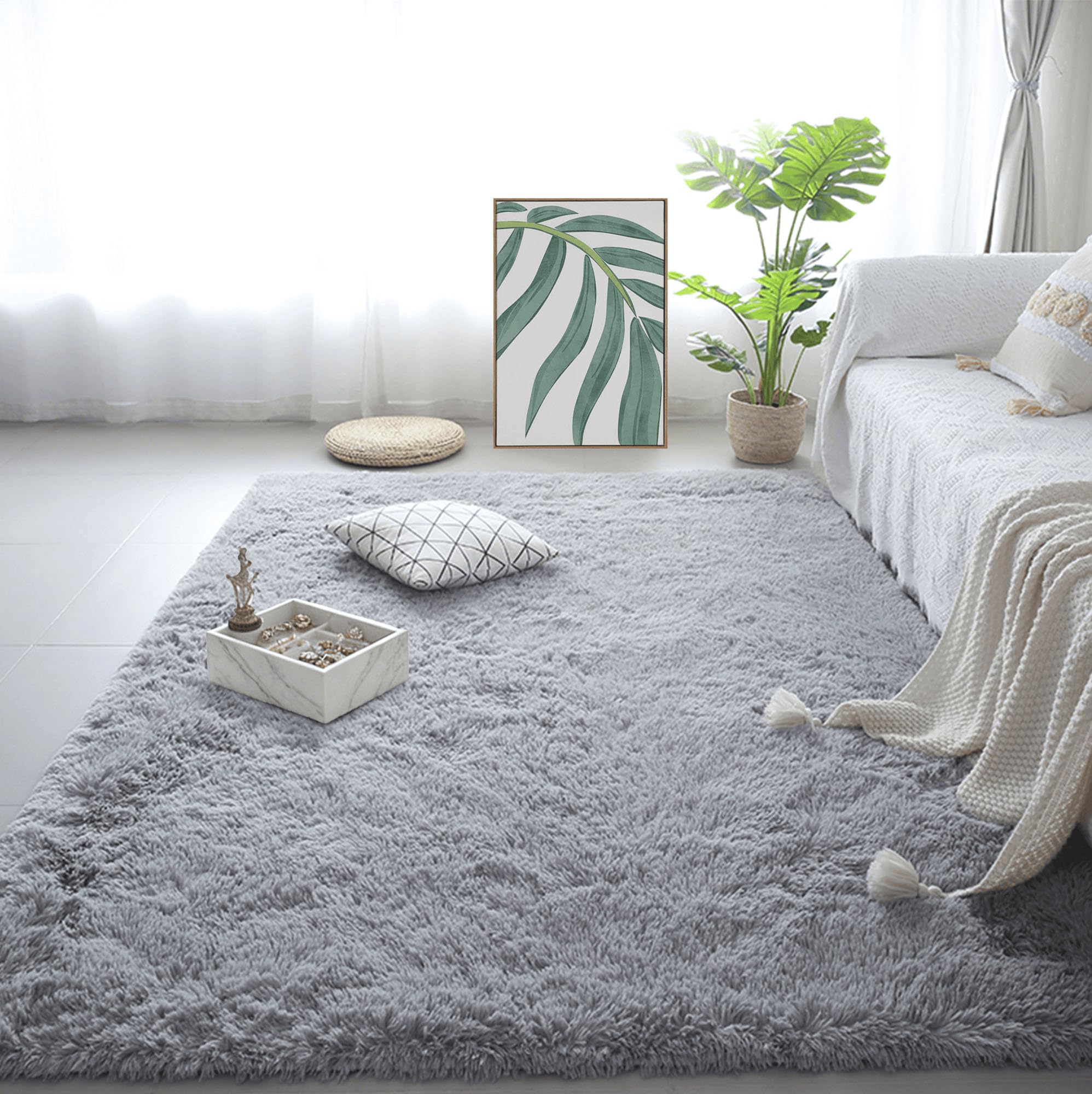 Grand tapis de salon 200 x 380 cm pelucheux et grand tapis chambre doux gris