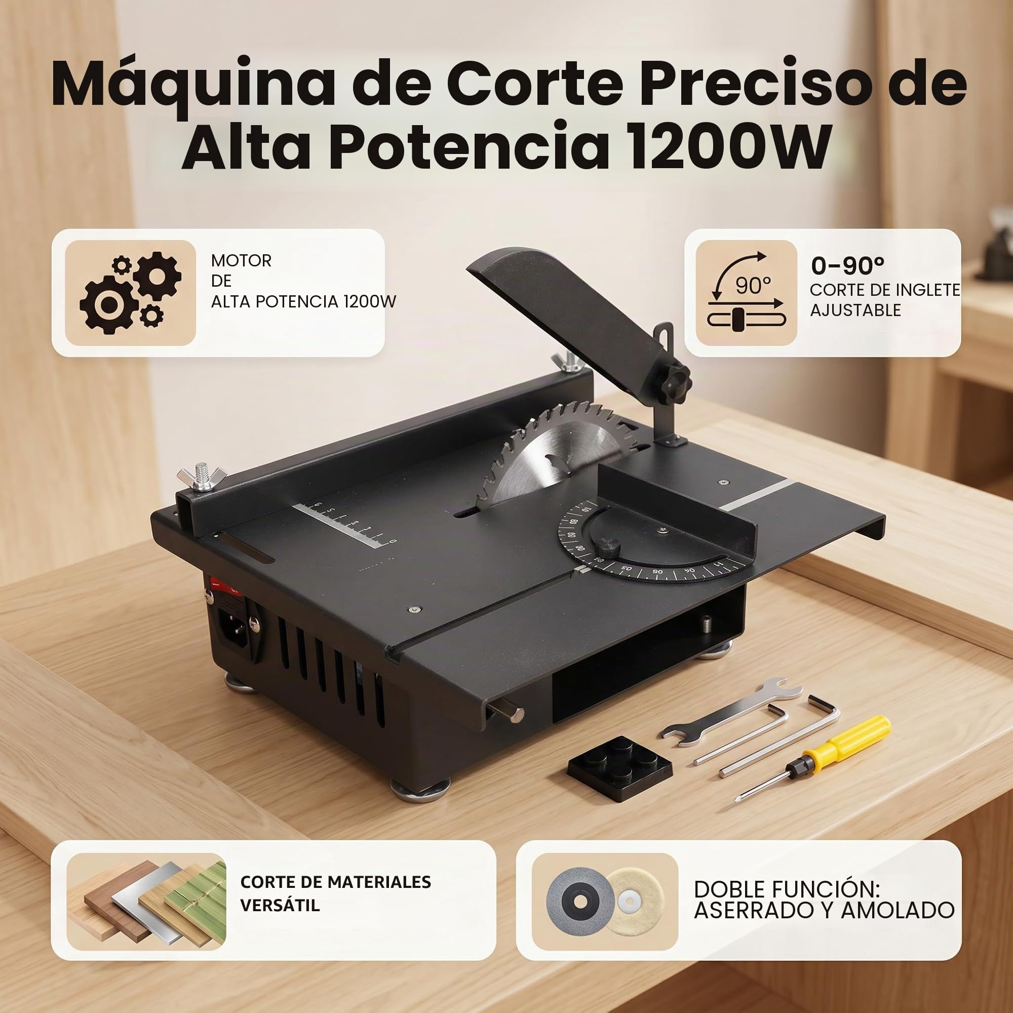 ViaGasaFamido mini mesa sierra multifuncional 1200W, sierra de corte y pulido, ángulo ajustable 0-90°, para madera y metal, con enchufe UE 220V, herramienta eléctrica versátil y potente