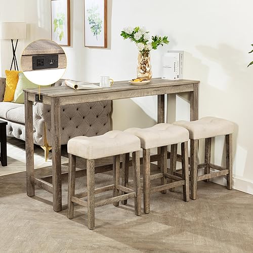 Miniatura 19 de Merax - Juego de mesa de bar de 4 piezas con toma de corriente, juego de mesa de desayuno industrial y sillas con 3 taburetes acolchados, para sala