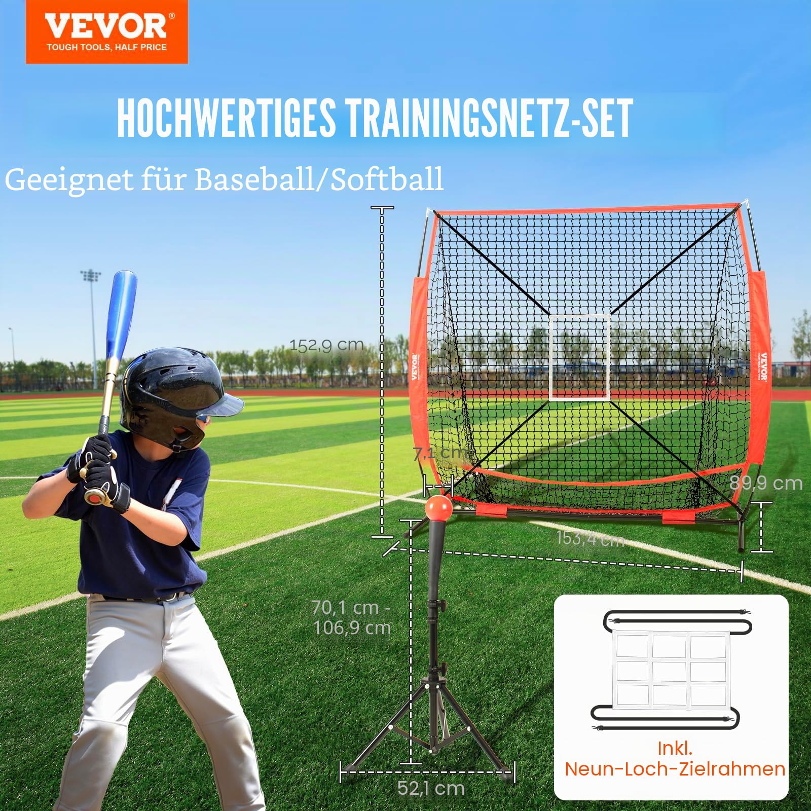 VEVOR 2134 x 2134 mm Pitching Net Pitching Target mit Strike Zone, Baseball & Softball 9 Loch Trainingsgeräte für Jugendliche & Erwachsene, Baseball Pitching Net (nur Netz)