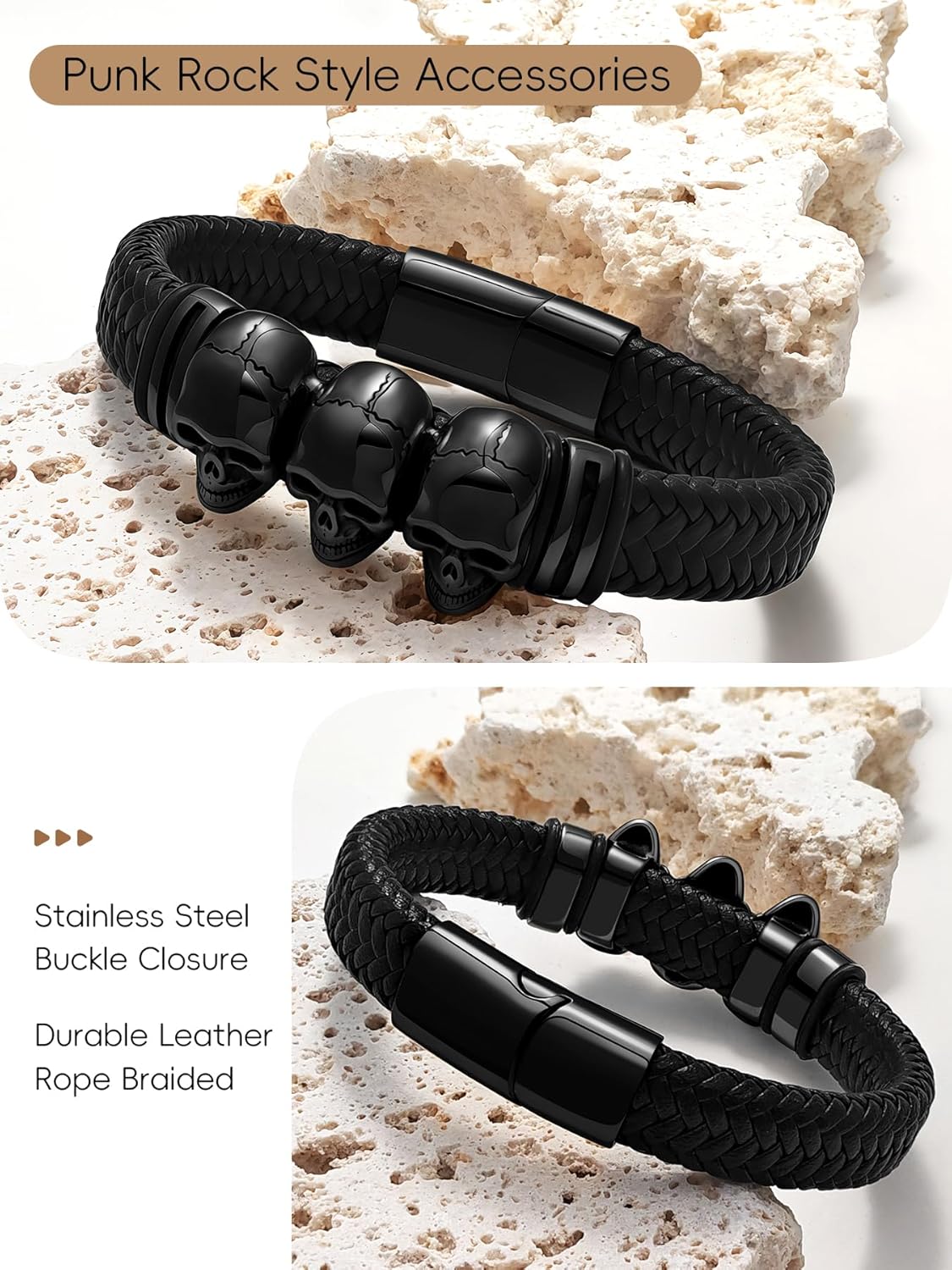 Gothic Skull Braided Leather Cuff Bracelets for Men Women,316L Stainless Steel/18K Gold Plated/Black Punk Skeleton Head woven Leather Bracelet Party Accessories for Rapper Motorcycle Biker 7.5-9 inch