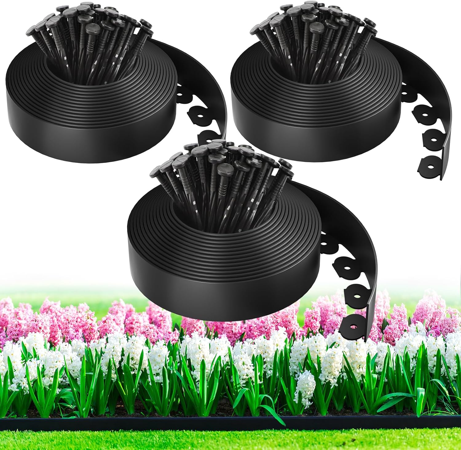 100ft,1.5in Tall Landscape Edging Kit with 150 Spikes, No-Dig Flexible Plastic Edge Border for Landscaping, Lawn, Garden, Flower Beds, Yard, Paver, Playground, Fence, Pathway, Black,3pack, 33ft Each black 100ft